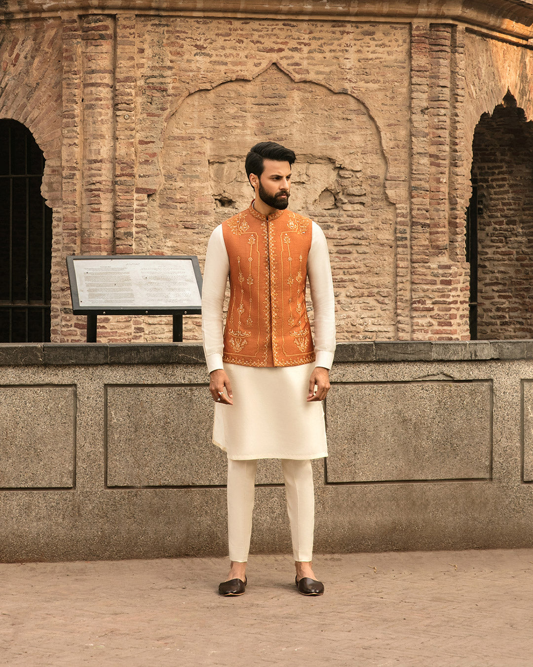 Rust Embroidered Korean Raw Silk Waistcoat Kurta (3-Piece) - Image 3