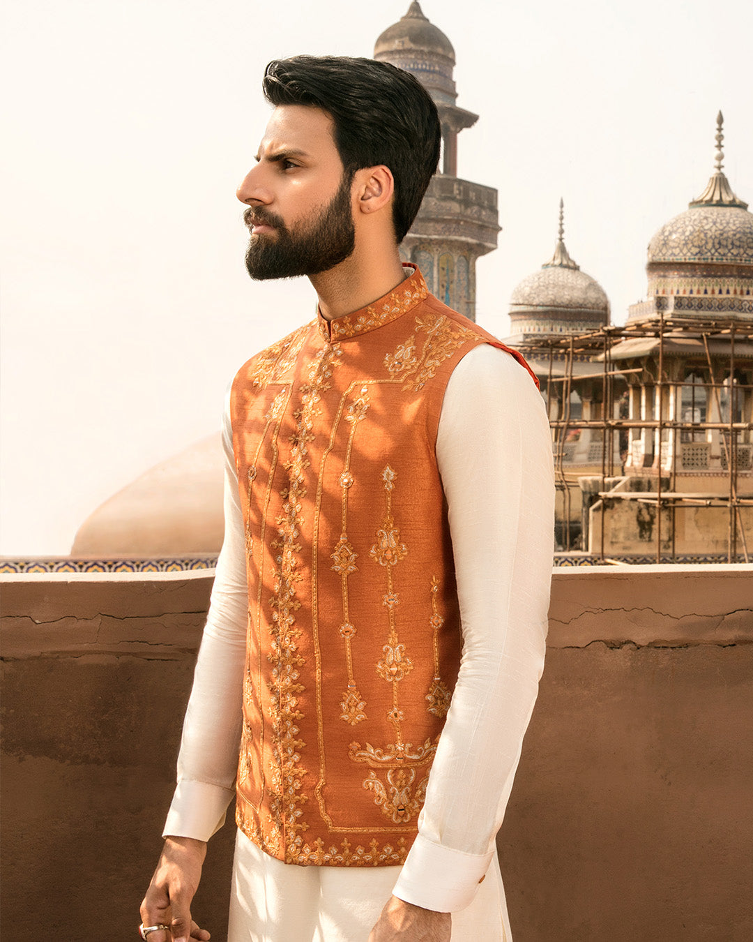 Rust Embroidered Korean Raw Silk Waistcoat Kurta (3-Piece) - Image 4
