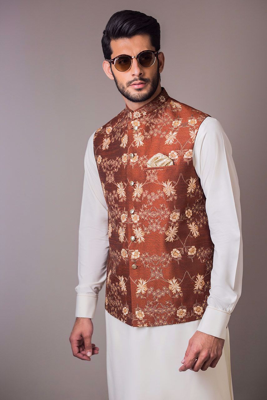 Rust Embroidered Raw Silk Waistcoat (1-Pc) - Image 1