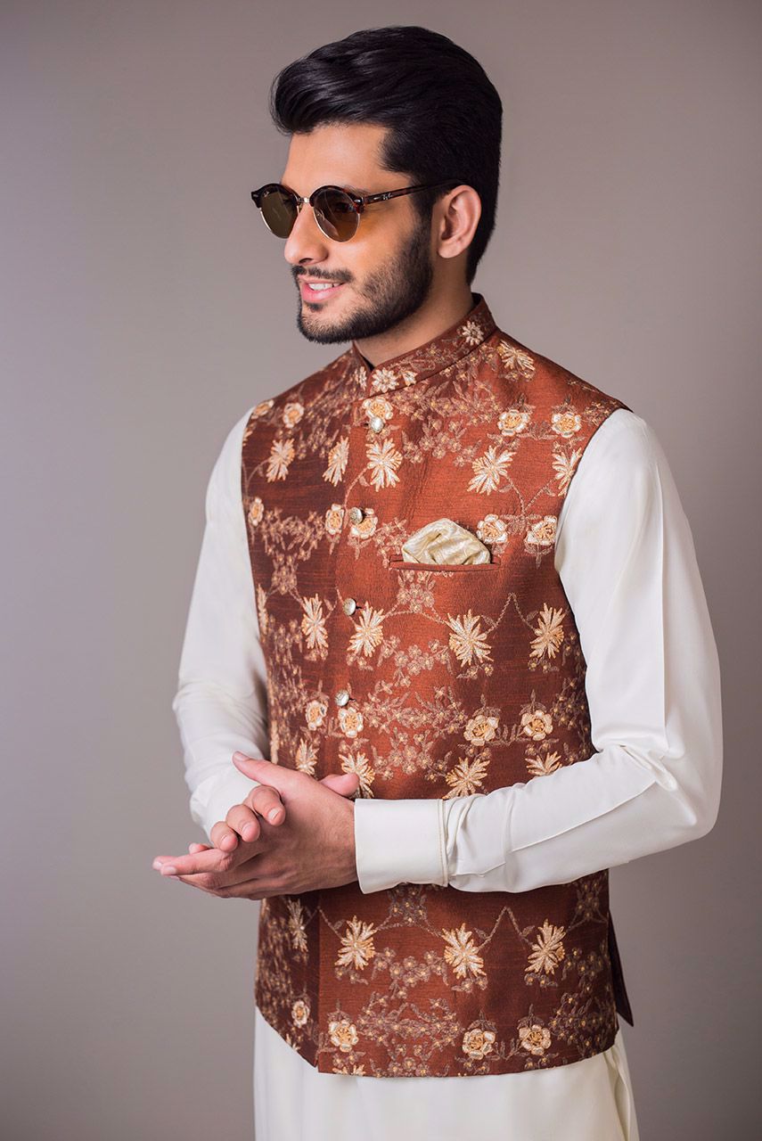 Rust Embroidered Raw Silk Waistcoat (1-Pc) - Image 2