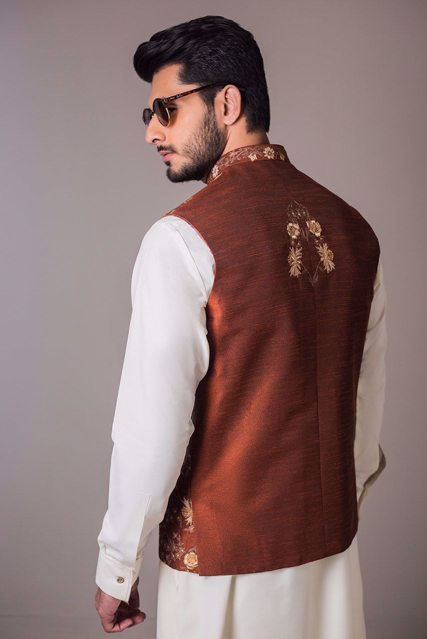 Rust Embroidered Raw Silk Waistcoat (1-Pc) - Image 3