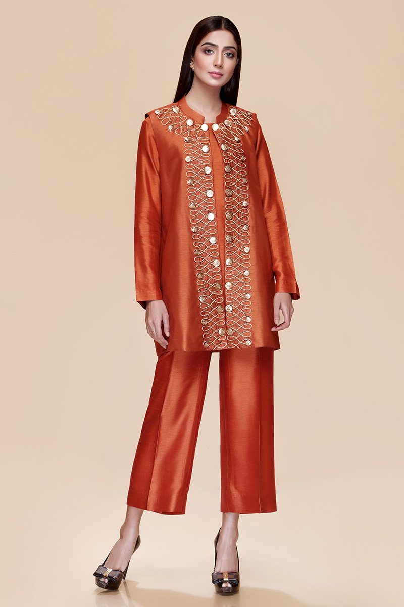 Pakistani Rust Dori Embellished Raw Silk Coat (2-Piece) - Image 1