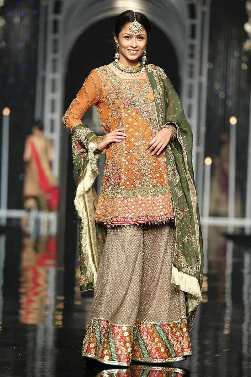 Pakistani Rust Embroidered Chiffon Angarkha Gharara (3-Piece) - Image 1