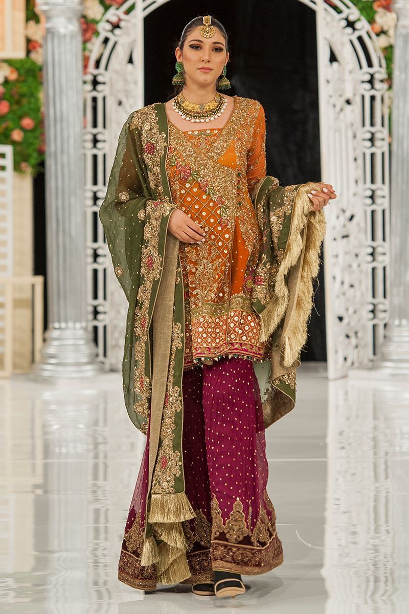 Pakistani Rust Embroidered Chiffon Angarkha Gharara (3-Piece) - Image 1