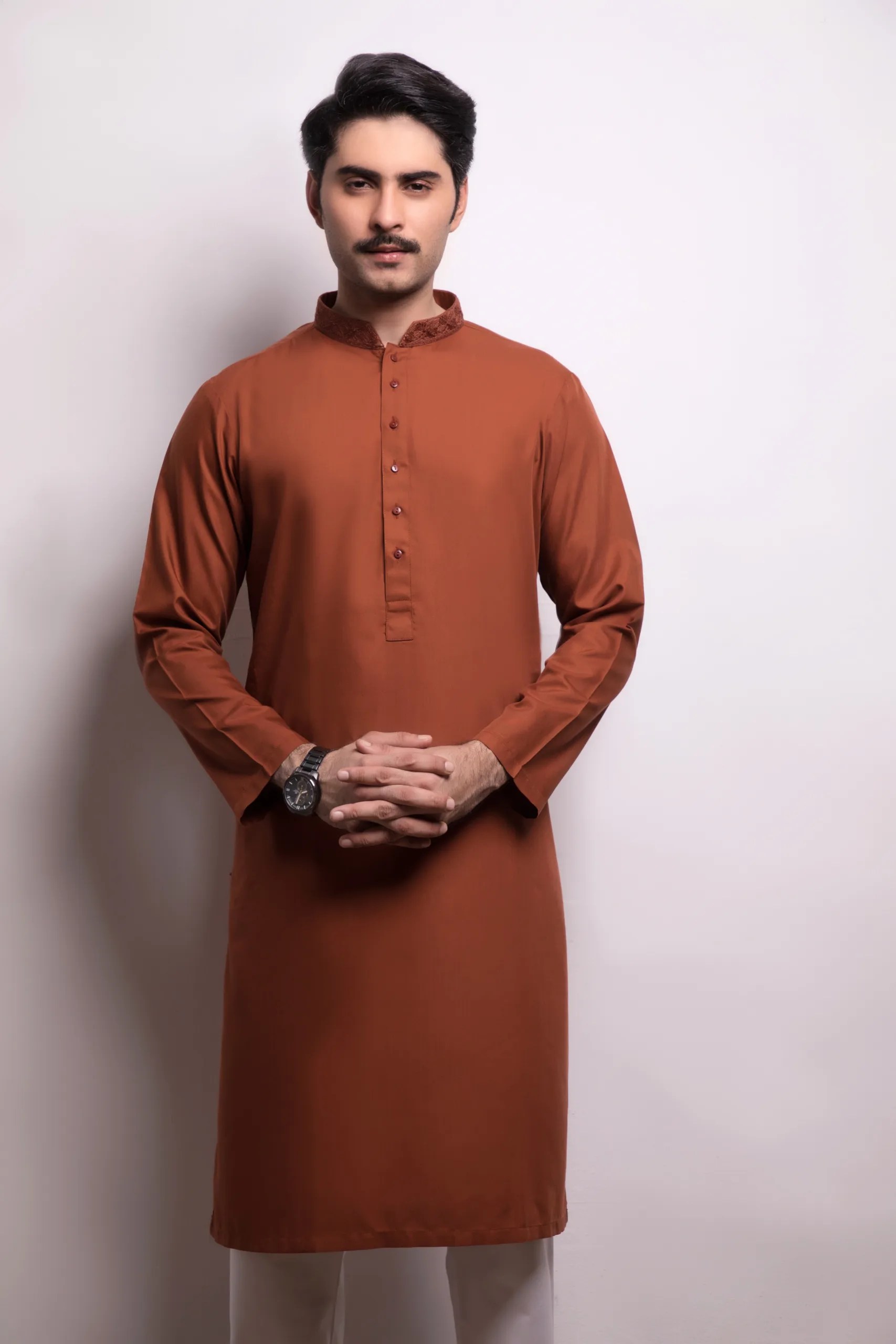Rust Embroidered Cotton Kurta (2-Piece) - Image 1