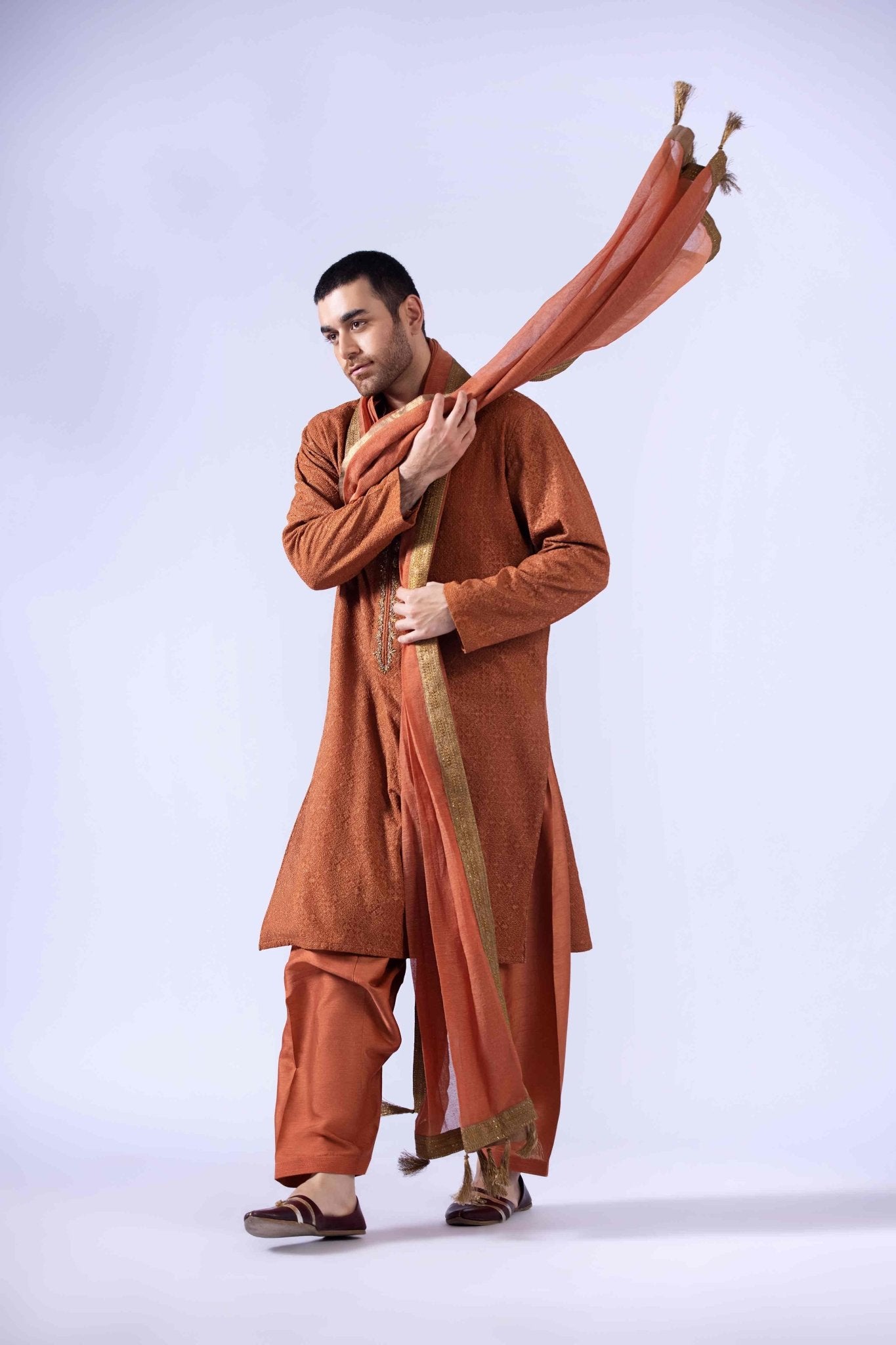 Rust Zardozi Chiffon Kurta with Korean Silk Shalwar (3-Piece) - Image 2