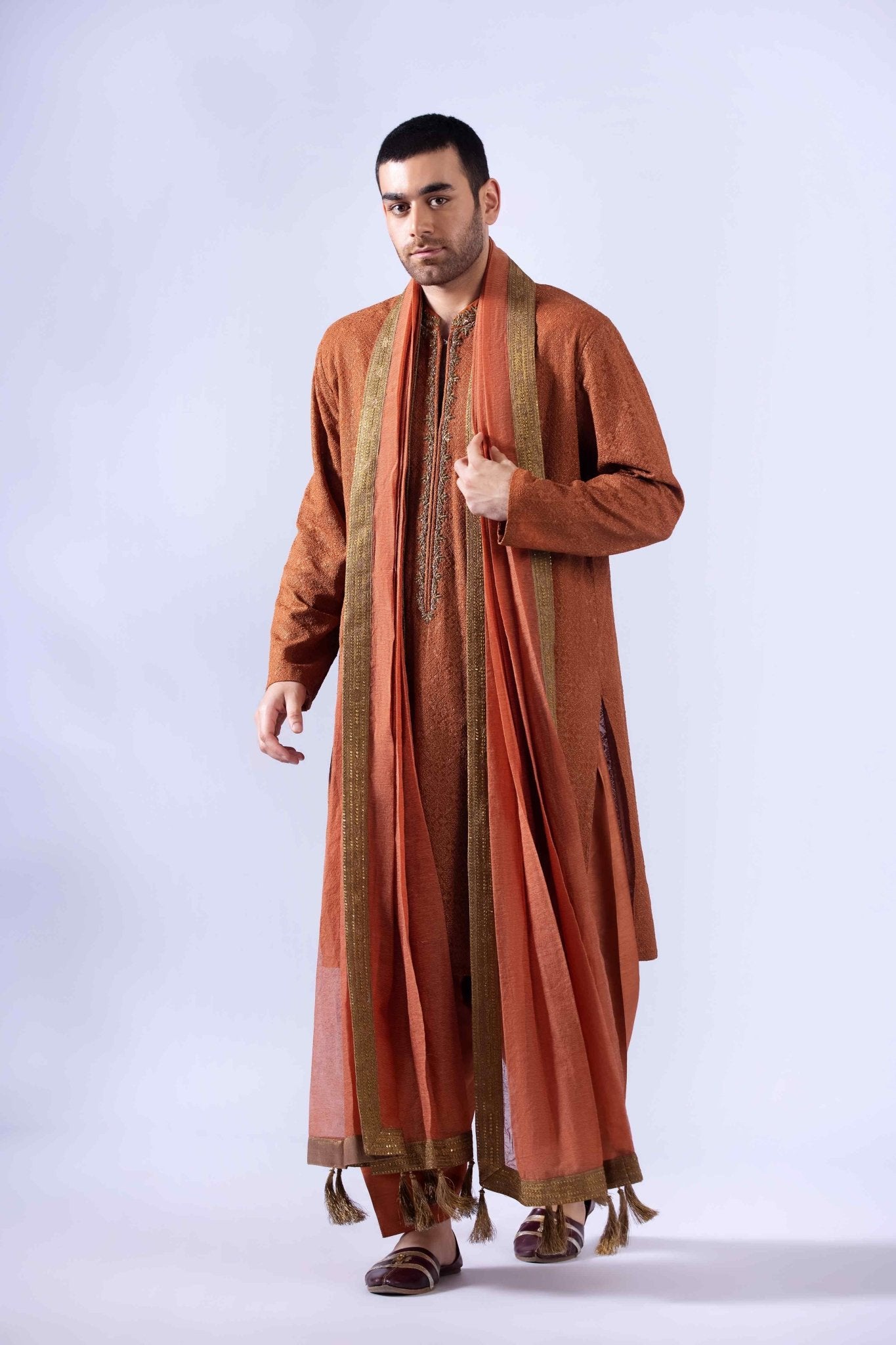 Rust Zardozi Chiffon Kurta with Korean Silk Shalwar (3-Piece) - Image 4