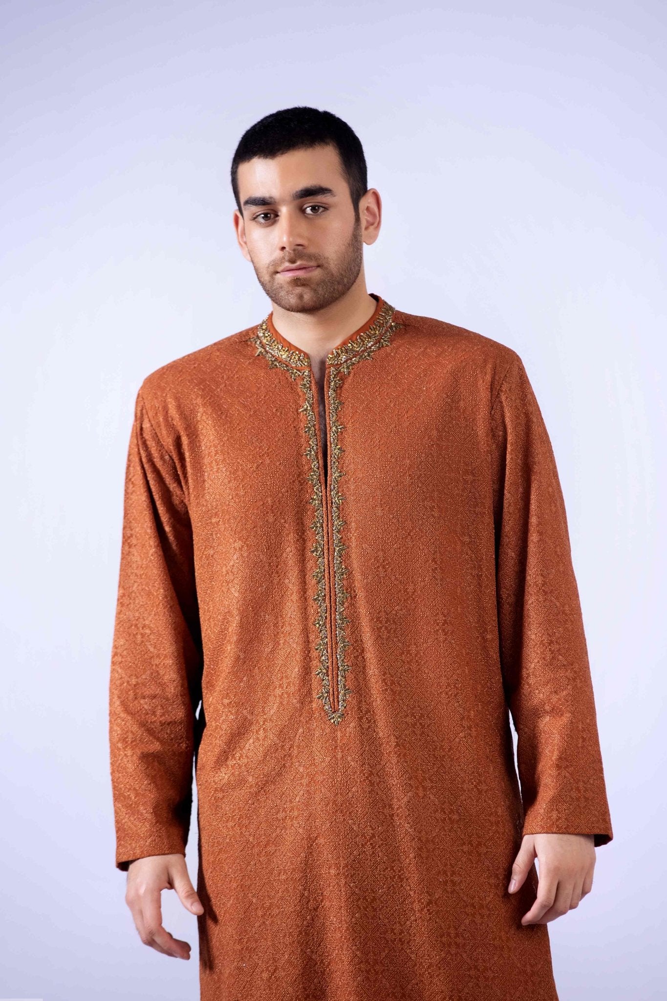 Rust Zardozi Chiffon Kurta with Korean Silk Shalwar (3-Piece) - Image 6