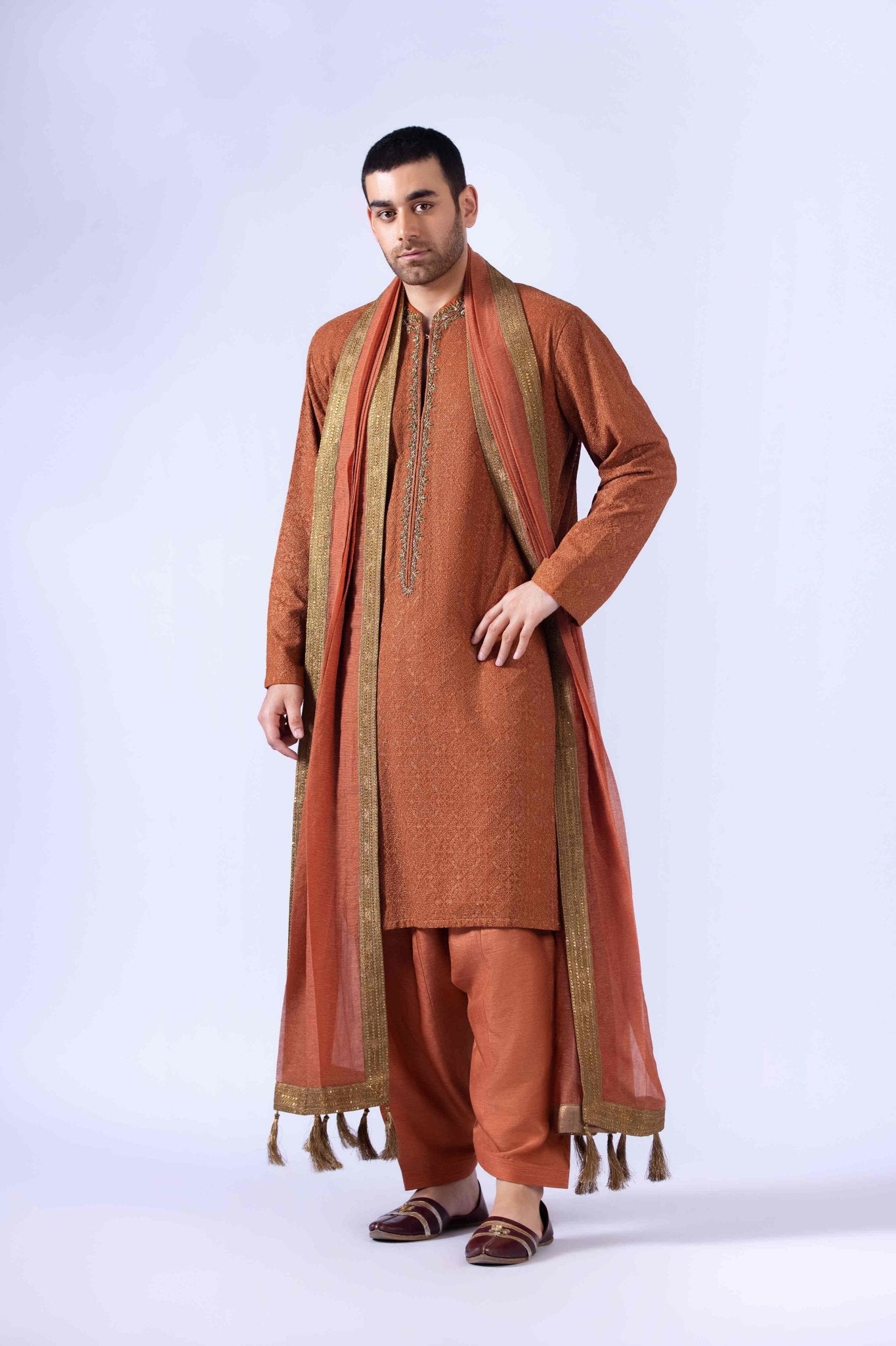 Rust Zardozi Chiffon Kurta with Korean Silk Shalwar (3-Piece) - Image 7