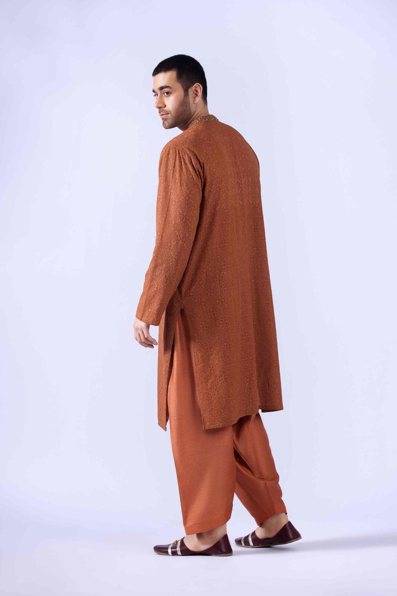 Rust Zardozi Chiffon Kurta with Korean Silk Shalwar (3-Piece) - Image 8