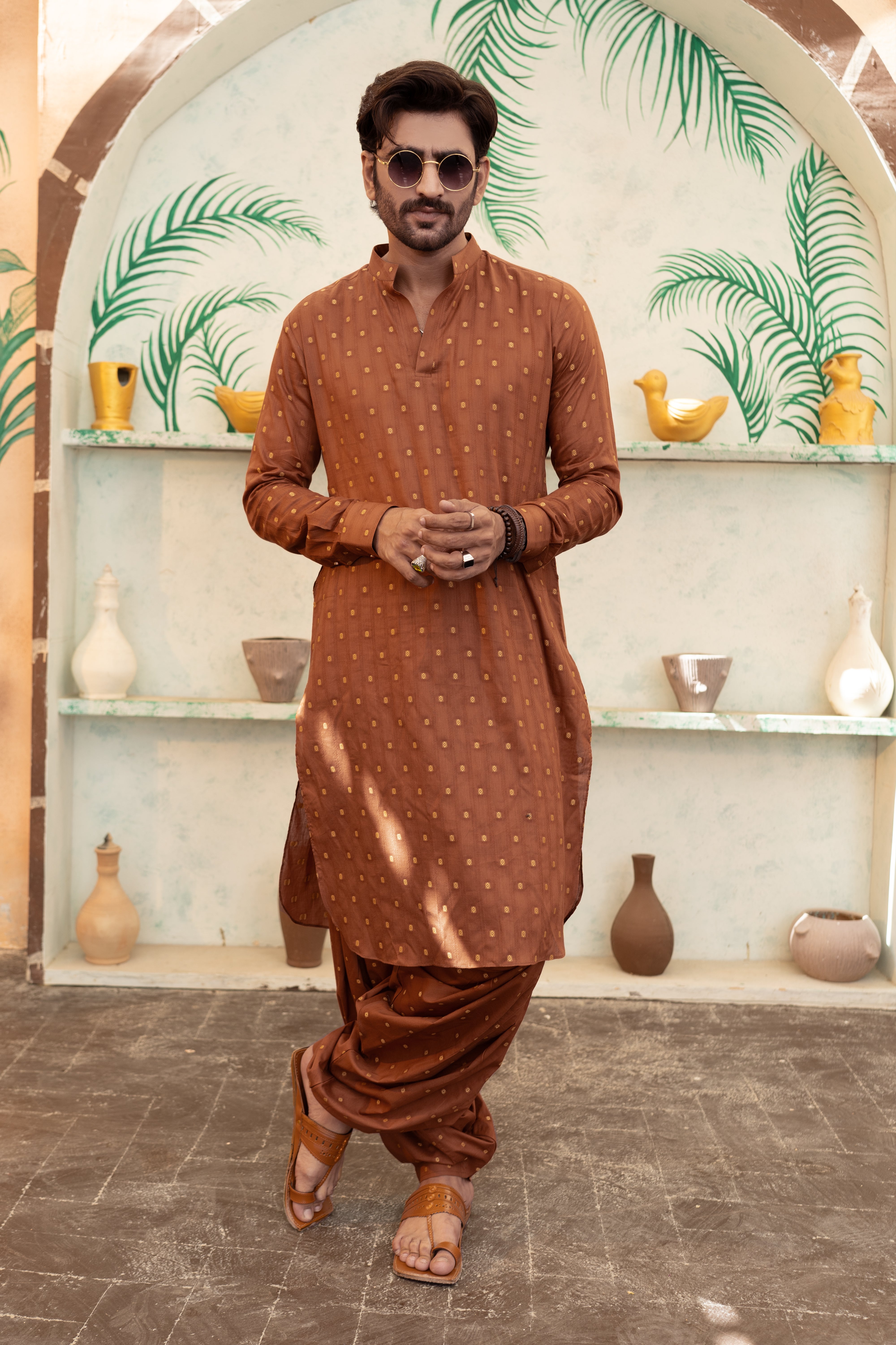 Rust Yarn-Dyed Cotton Jacquard Shalwar Kameez (2-Piece) - Image 1