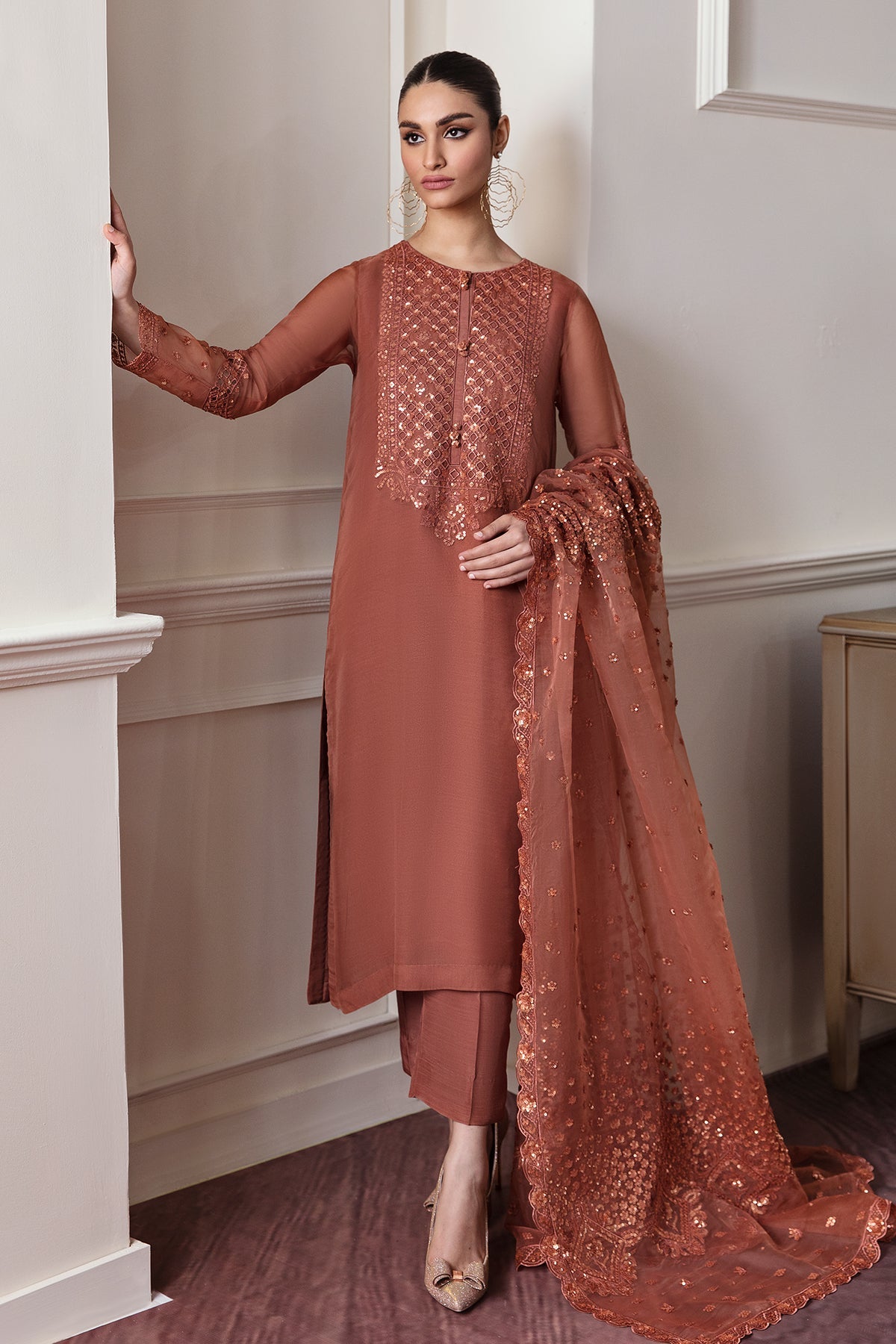 Pakistani Rust Embroidered Chiffon Salwar Kameez (3-Piece) - Image 1