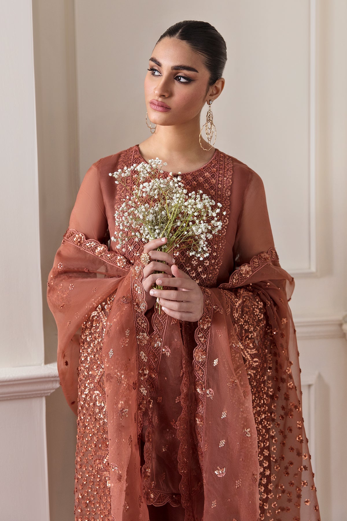 Pakistani Rust Embroidered Chiffon Salwar Kameez (3-Piece) - Image 2