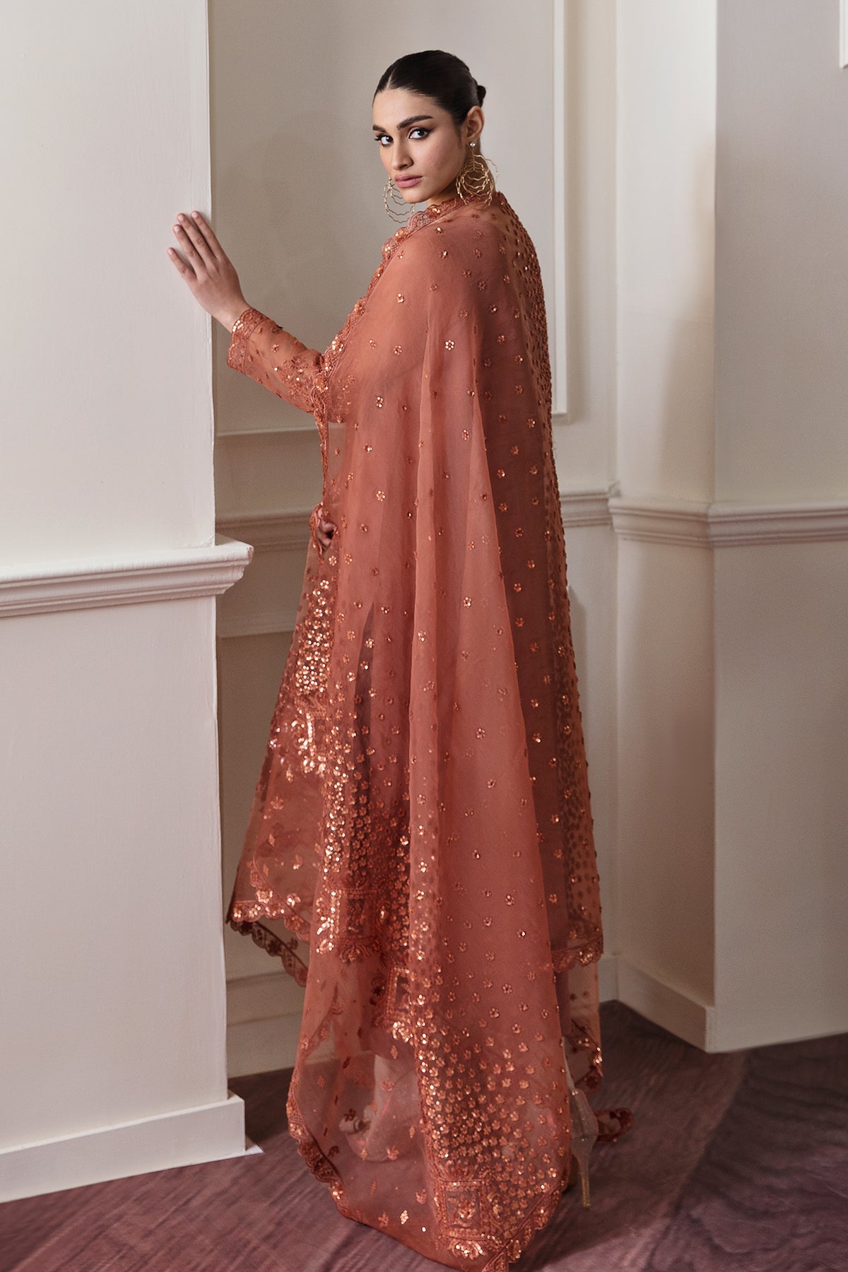 Pakistani Rust Embroidered Chiffon Salwar Kameez (3-Piece) - Image 3