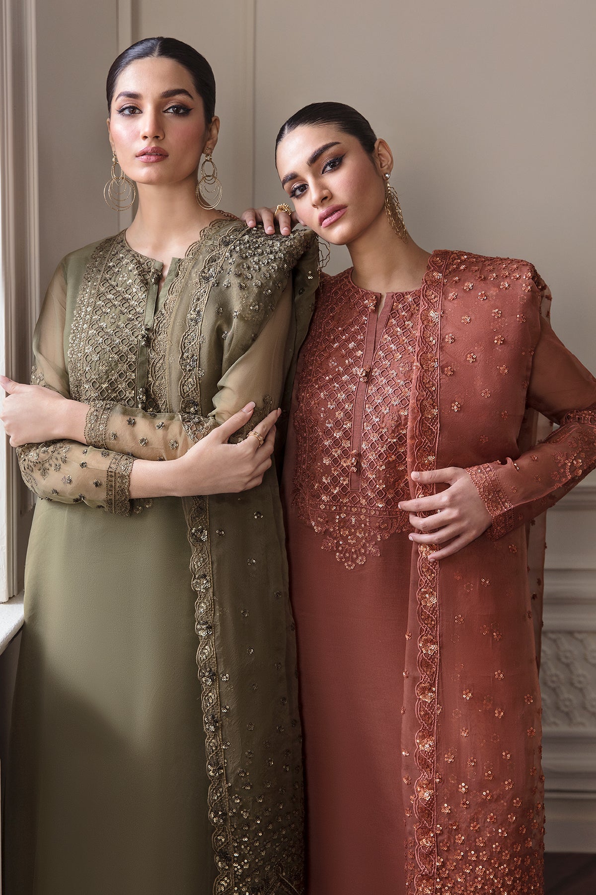Pakistani Rust Embroidered Chiffon Salwar Kameez (3-Piece) - Image 5