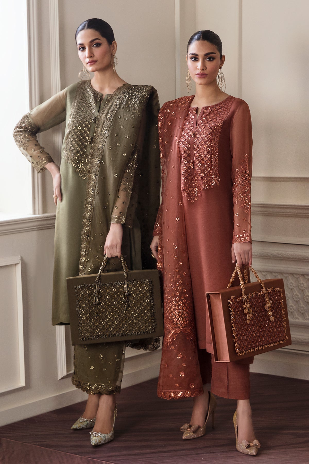 Pakistani Rust Embroidered Chiffon Salwar Kameez (3-Piece) - Image 6