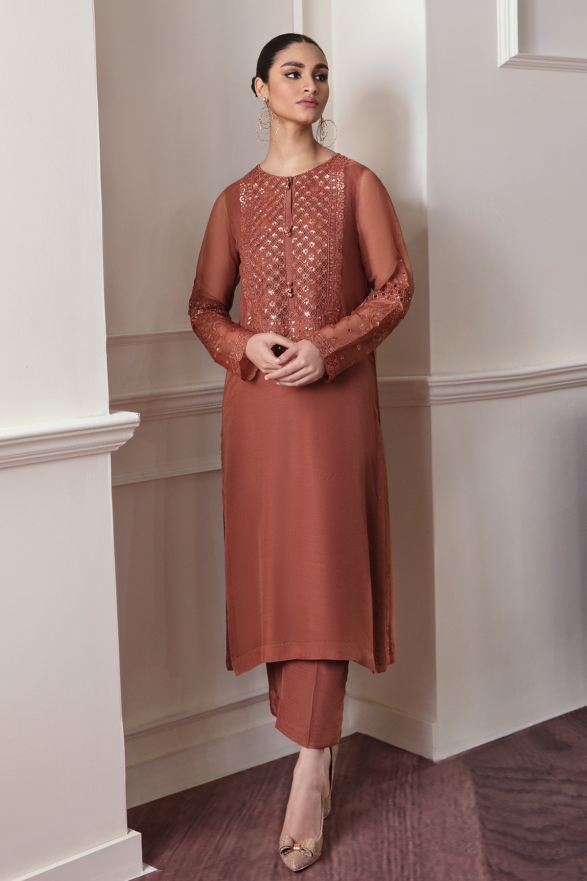 Pakistani Rust Embroidered Chiffon Salwar Kameez (3-Piece) - Image 8