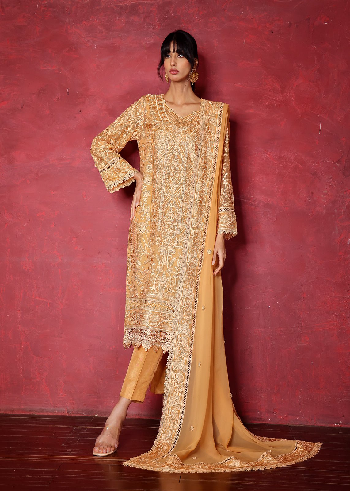 Pakistani Rust Chikan Embroidered Cotton Net Kurta (2-Piece) - Image 1