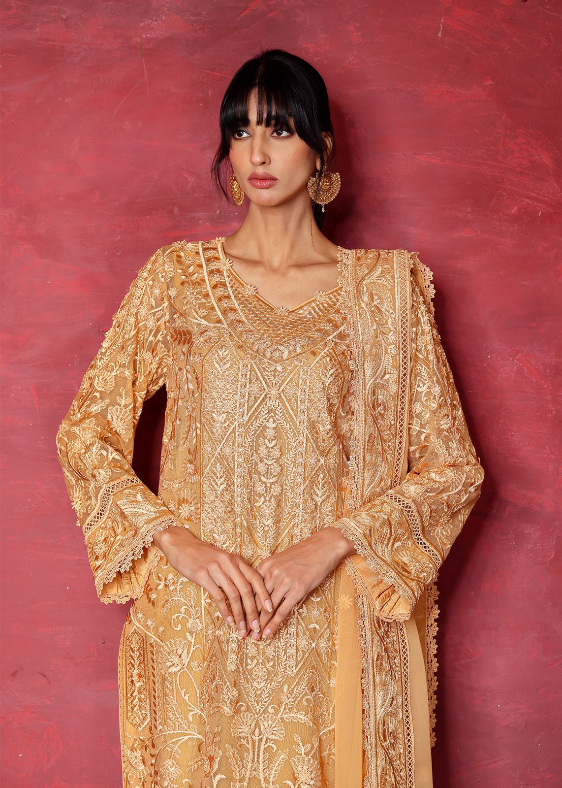 Pakistani Rust Chikan Embroidered Cotton Net Kurta (2-Piece) - Image 2