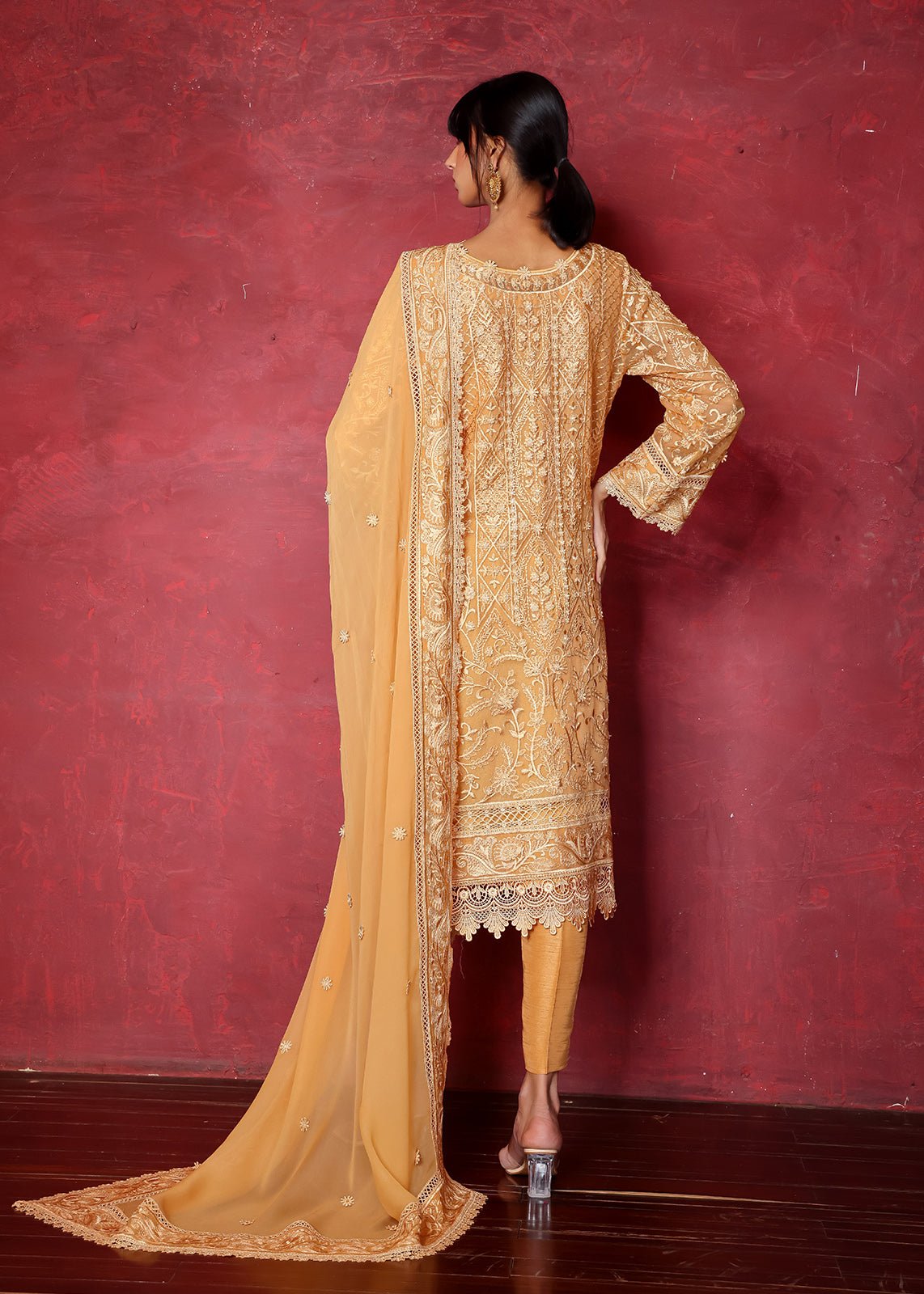 Pakistani Rust Chikan Embroidered Cotton Net Kurta (2-Piece) - Image 3