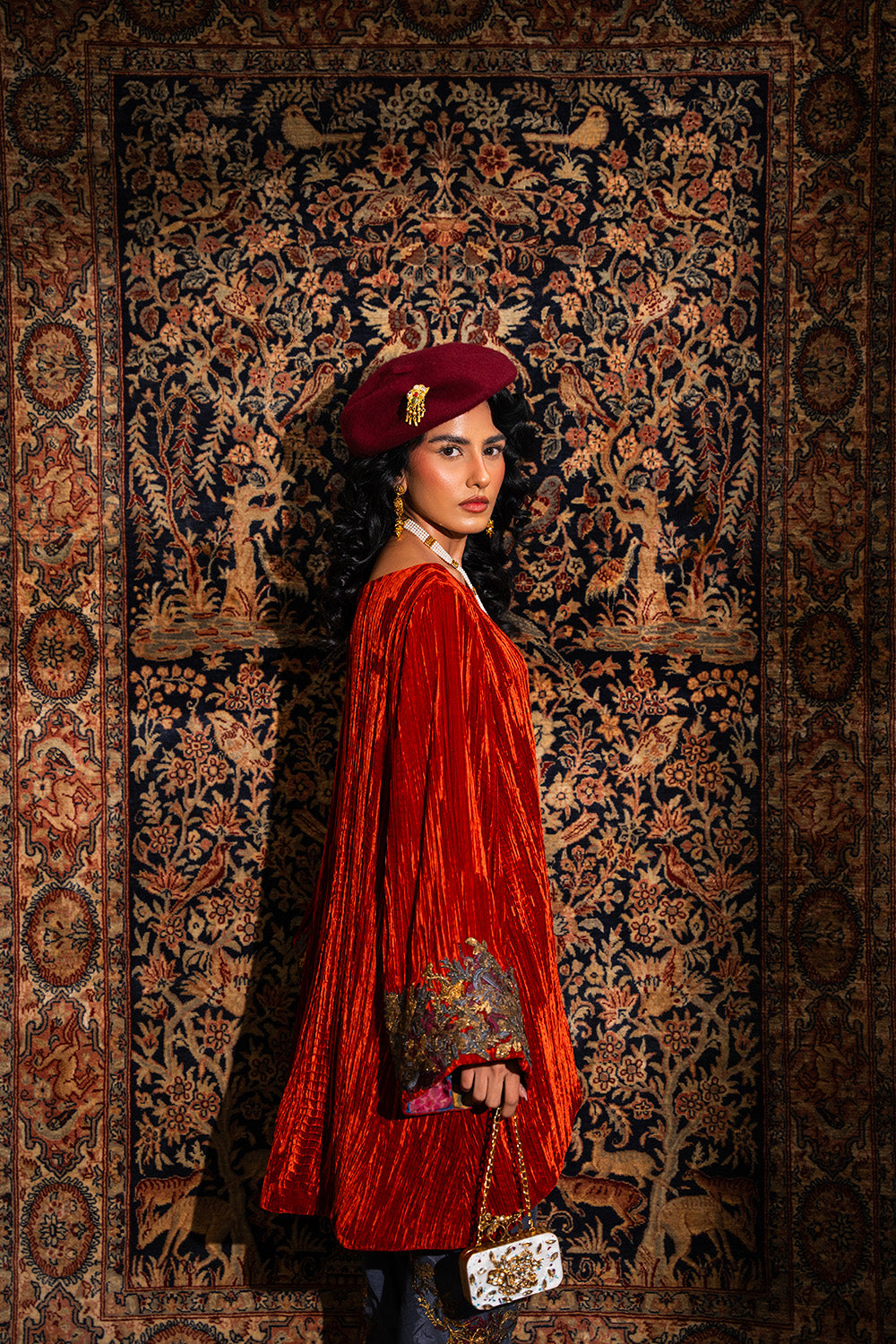 Pakistani Rust Crushed Velvet Kurta & Embroidered Shalwar (2-Piece) - Image 1