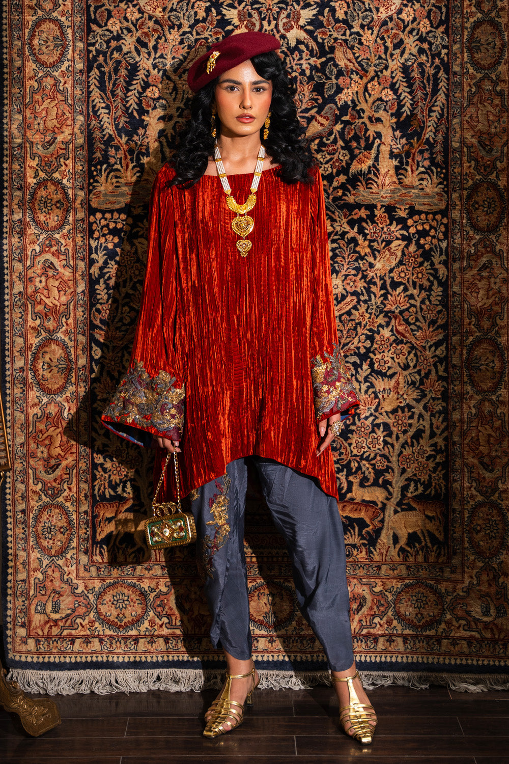 Pakistani Rust Crushed Velvet Kurta & Embroidered Shalwar (2-Piece) - Image 2