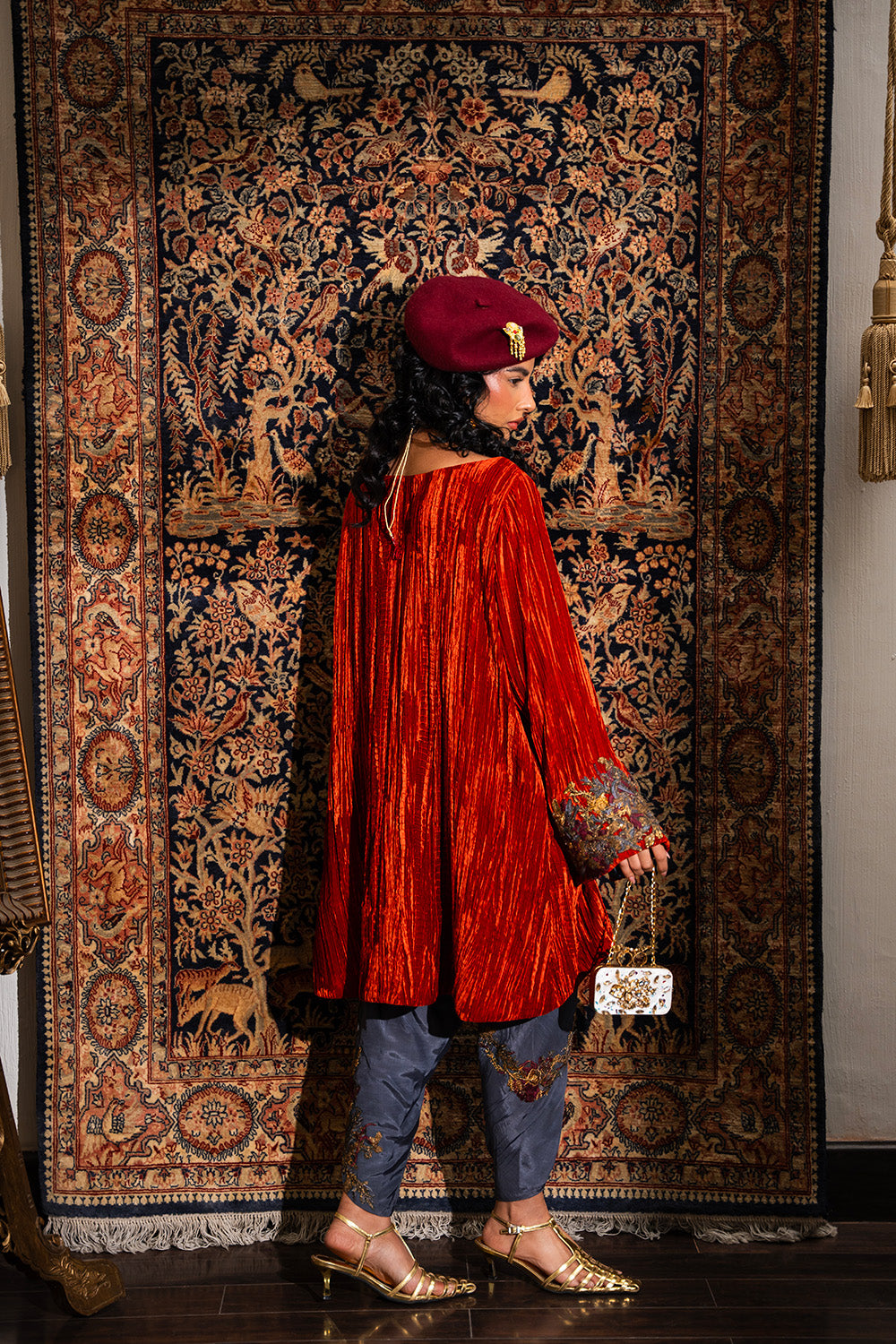 Pakistani Rust Crushed Velvet Kurta & Embroidered Shalwar (2-Piece) - Image 3