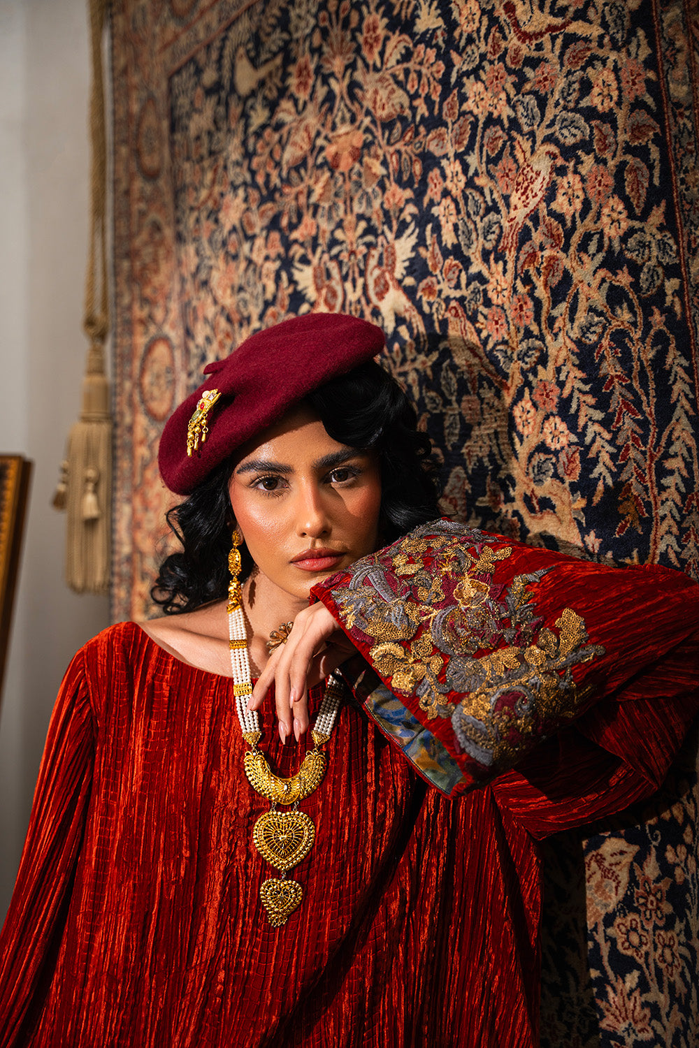 Pakistani Rust Crushed Velvet Kurta & Embroidered Shalwar (2-Piece) - Image 4