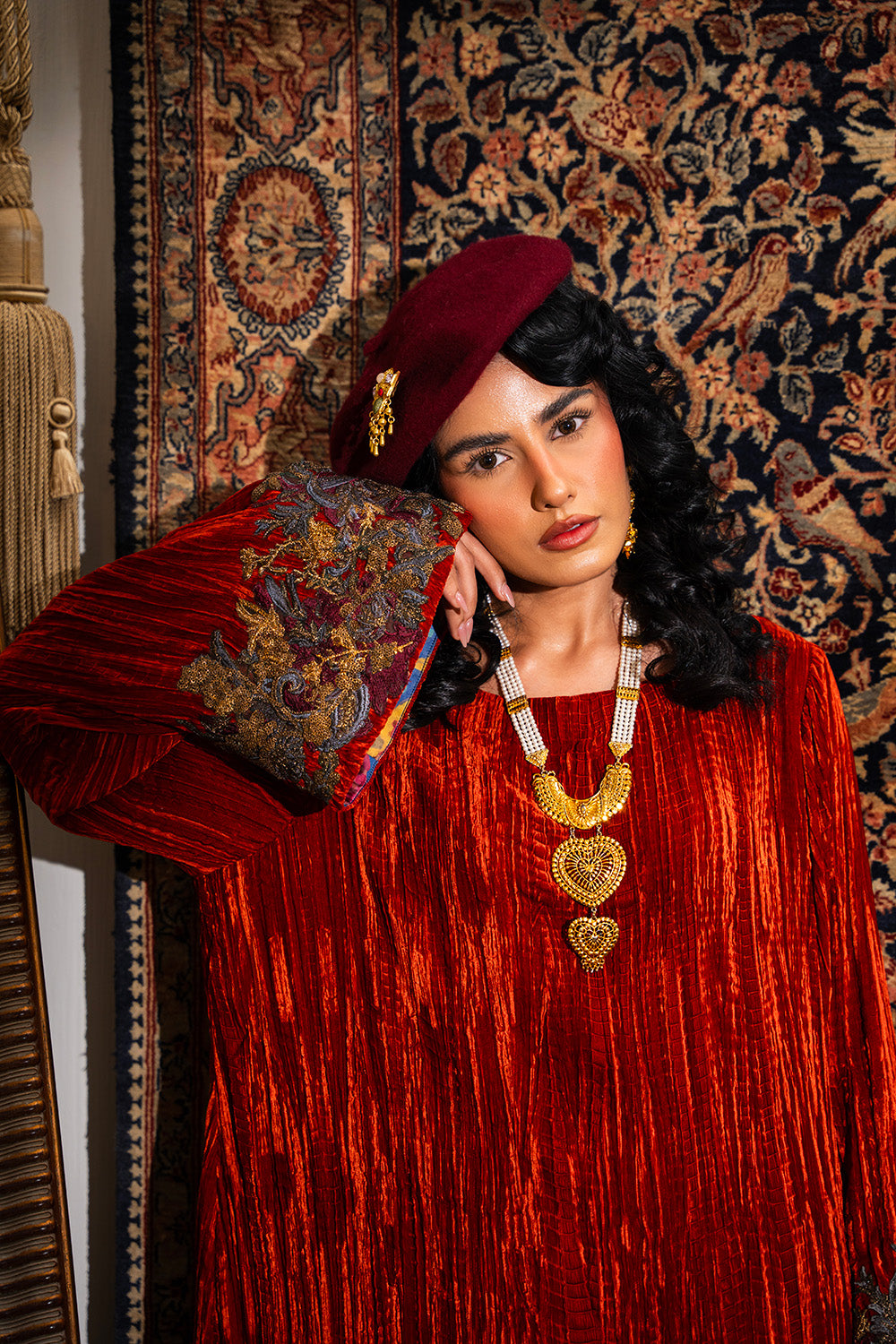 Pakistani Rust Crushed Velvet Kurta & Embroidered Shalwar (2-Piece) - Image 5
