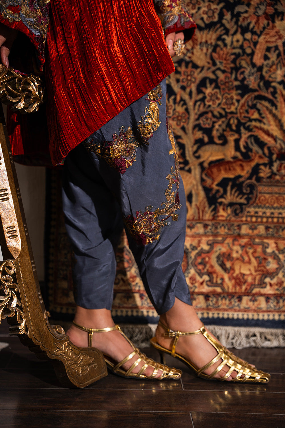 Pakistani Rust Crushed Velvet Kurta & Embroidered Shalwar (2-Piece) - Image 6