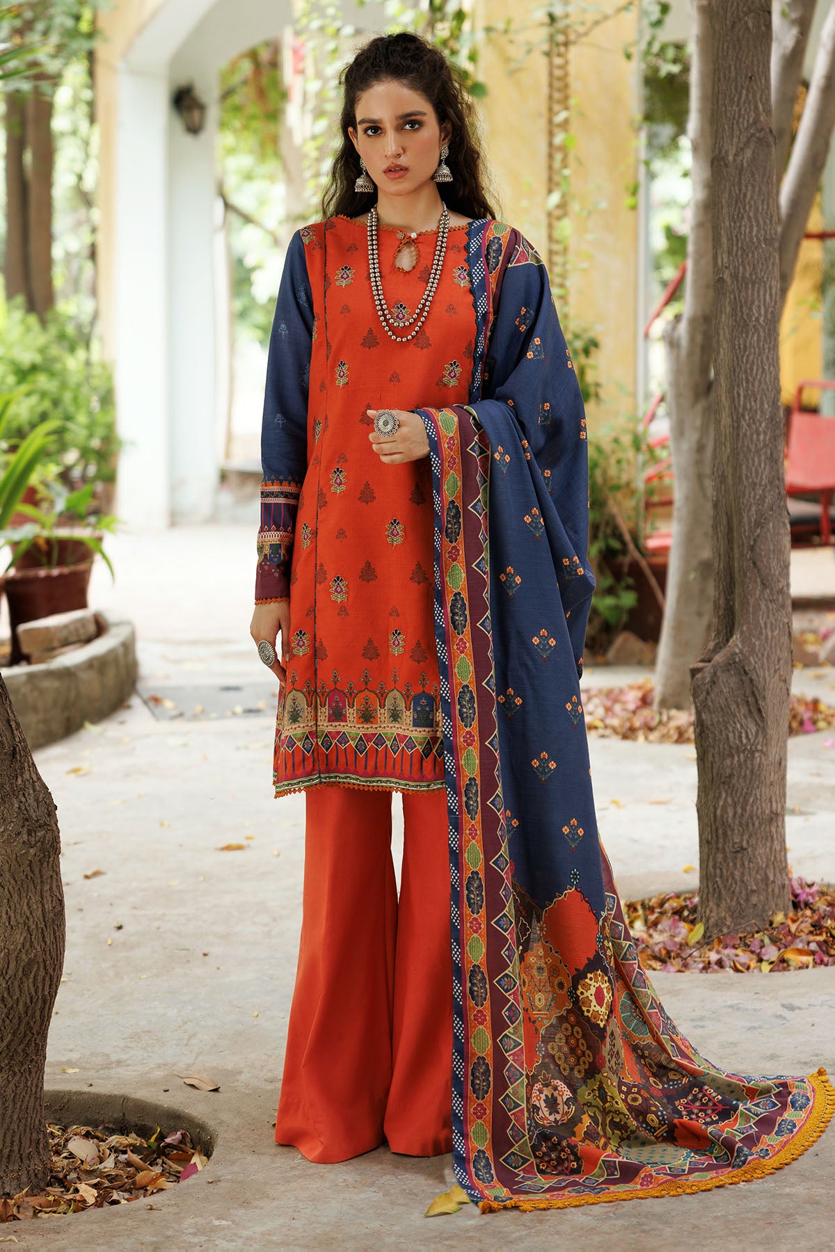 Pakistani Rust and Navy Digital Printed Khaddar Suit (3-Piece) - Image 1