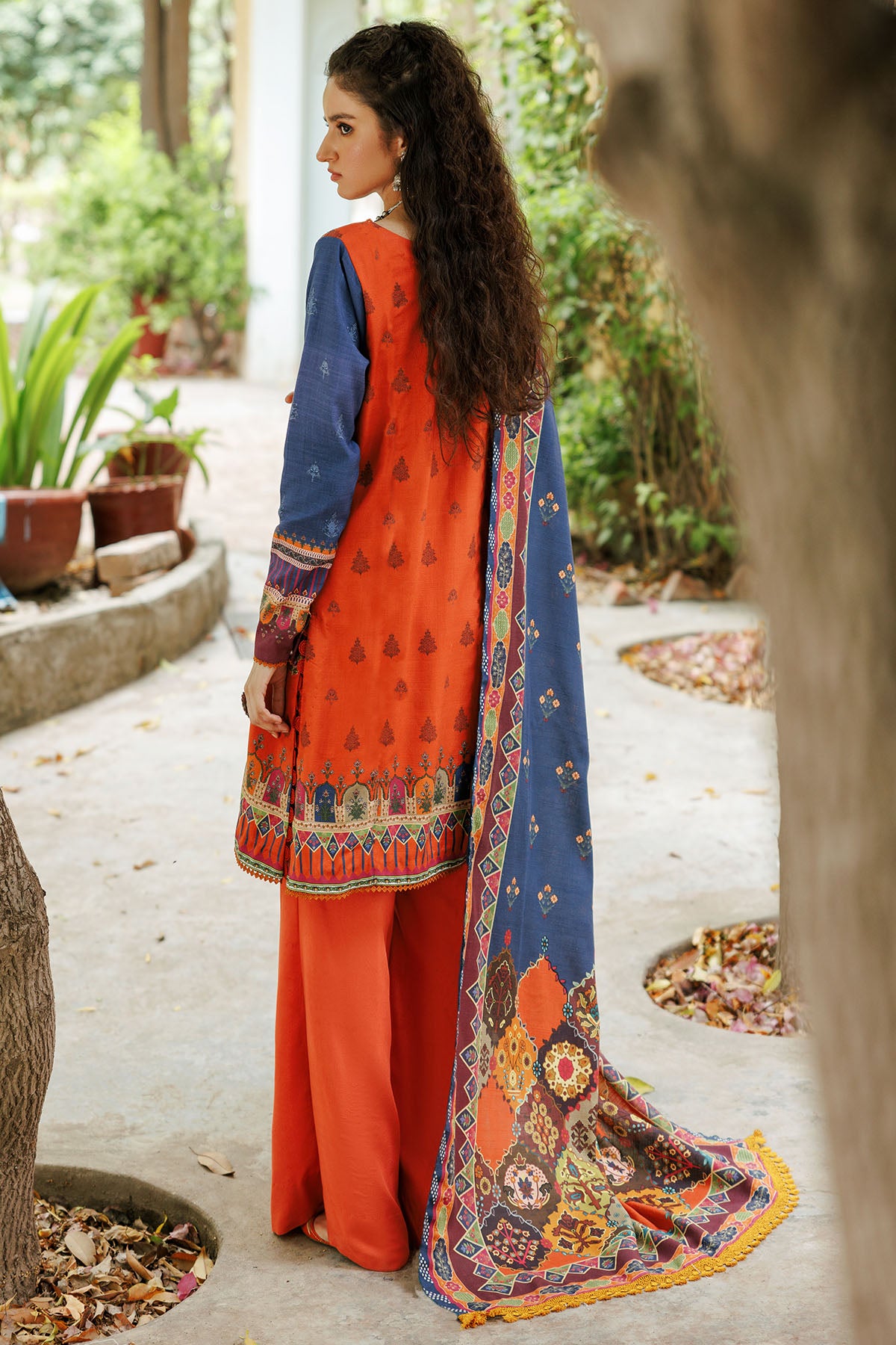 Pakistani Rust and Navy Digital Printed Khaddar Suit (3-Piece) - Image 2
