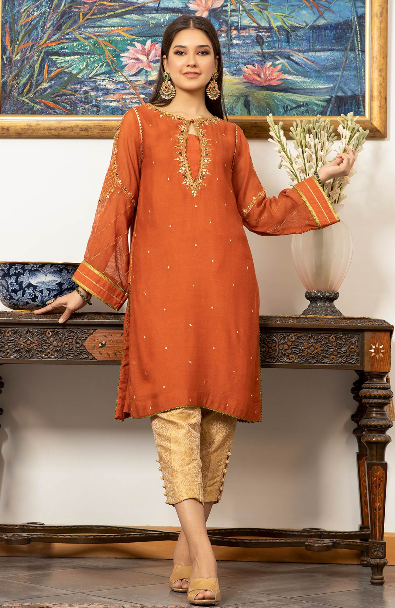 Pakistani Rust Gota Handworked Khaddi Net Kurta (2-Piece) - Image 2