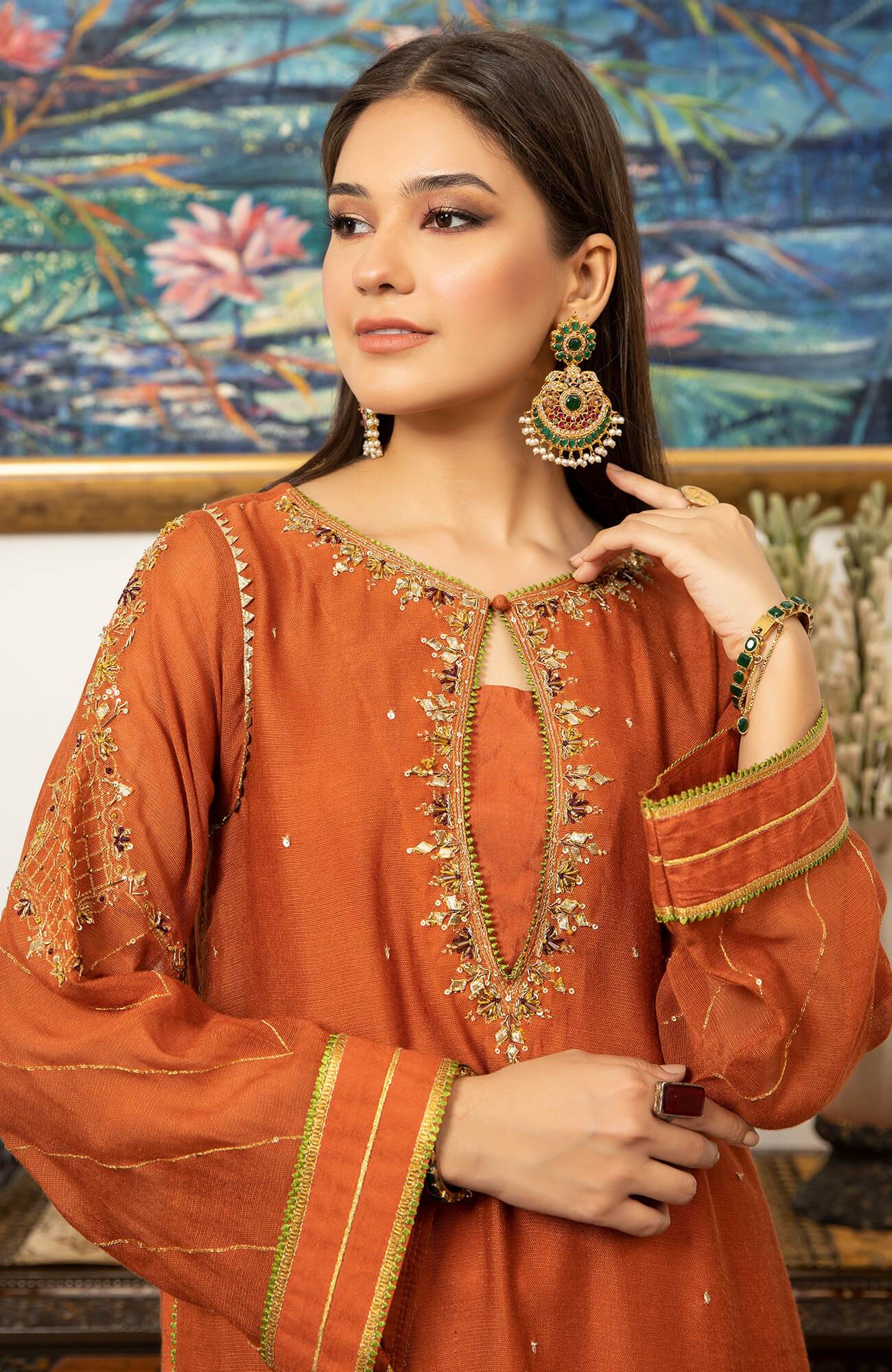 Pakistani Rust Gota Handworked Khaddi Net Kurta (2-Piece) - Image 6