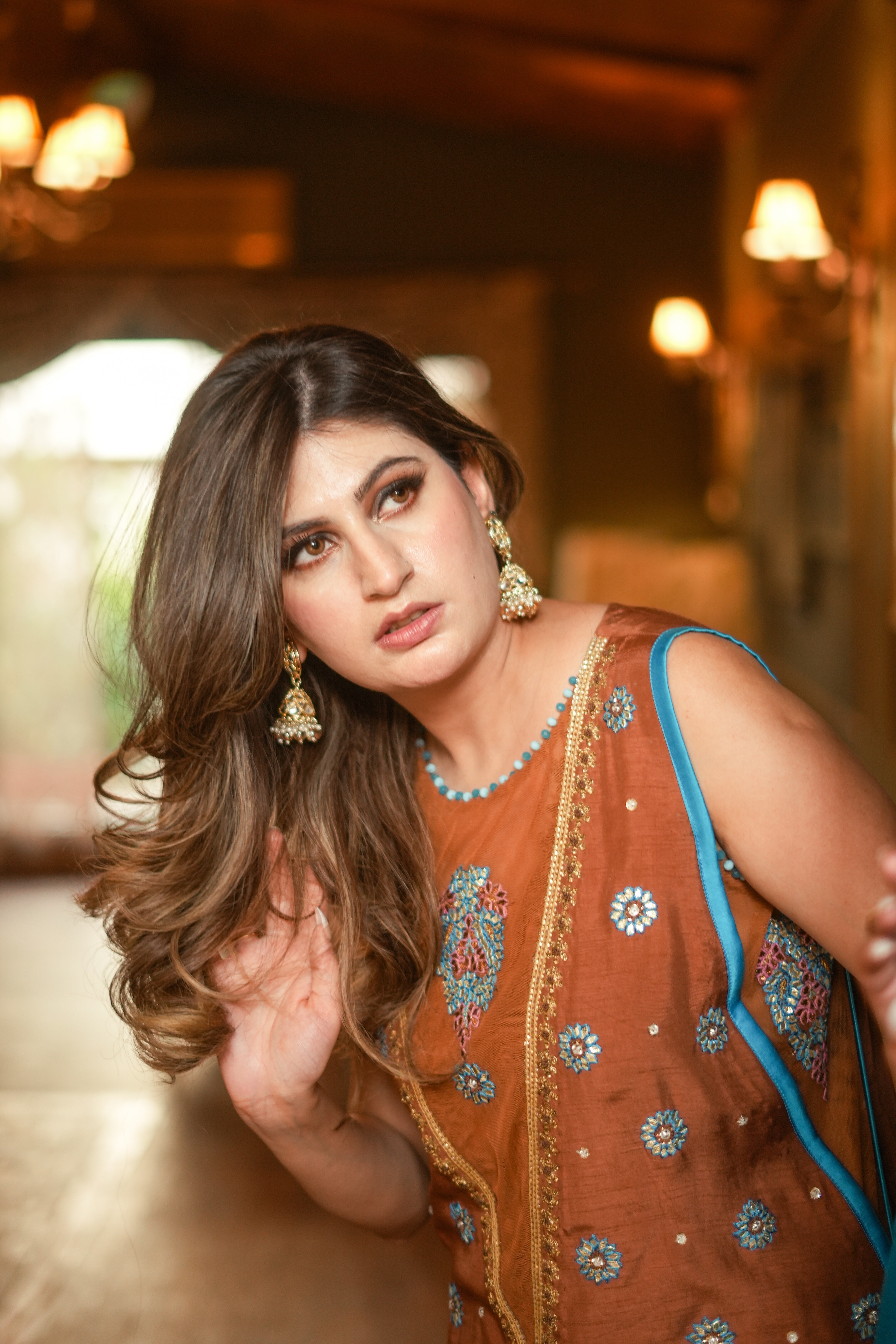 Rust Embroidered Korean Silk Kurta Set (3-Piece) - Image 1