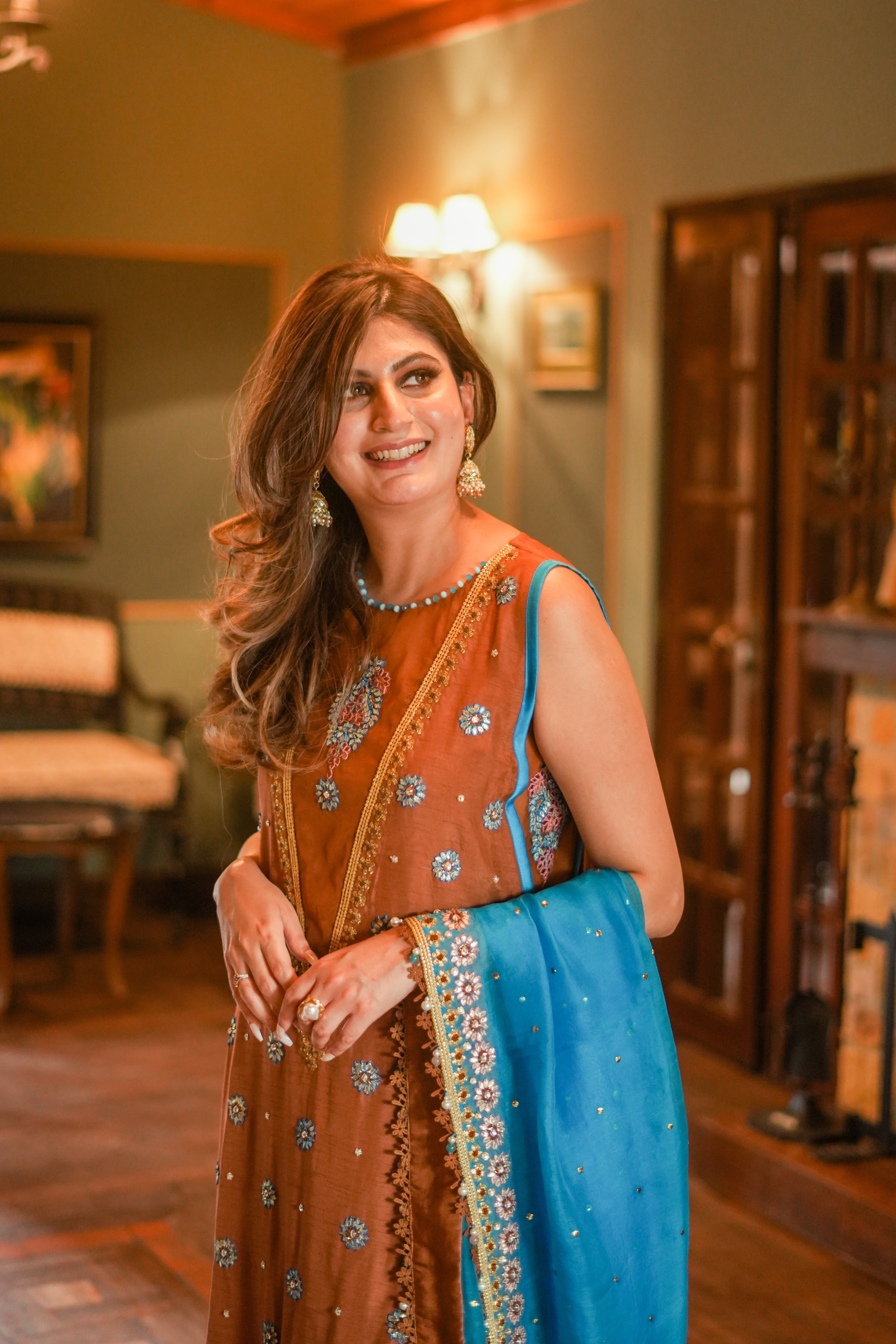 Rust Embroidered Korean Silk Kurta Set (3-Piece) - Image 10