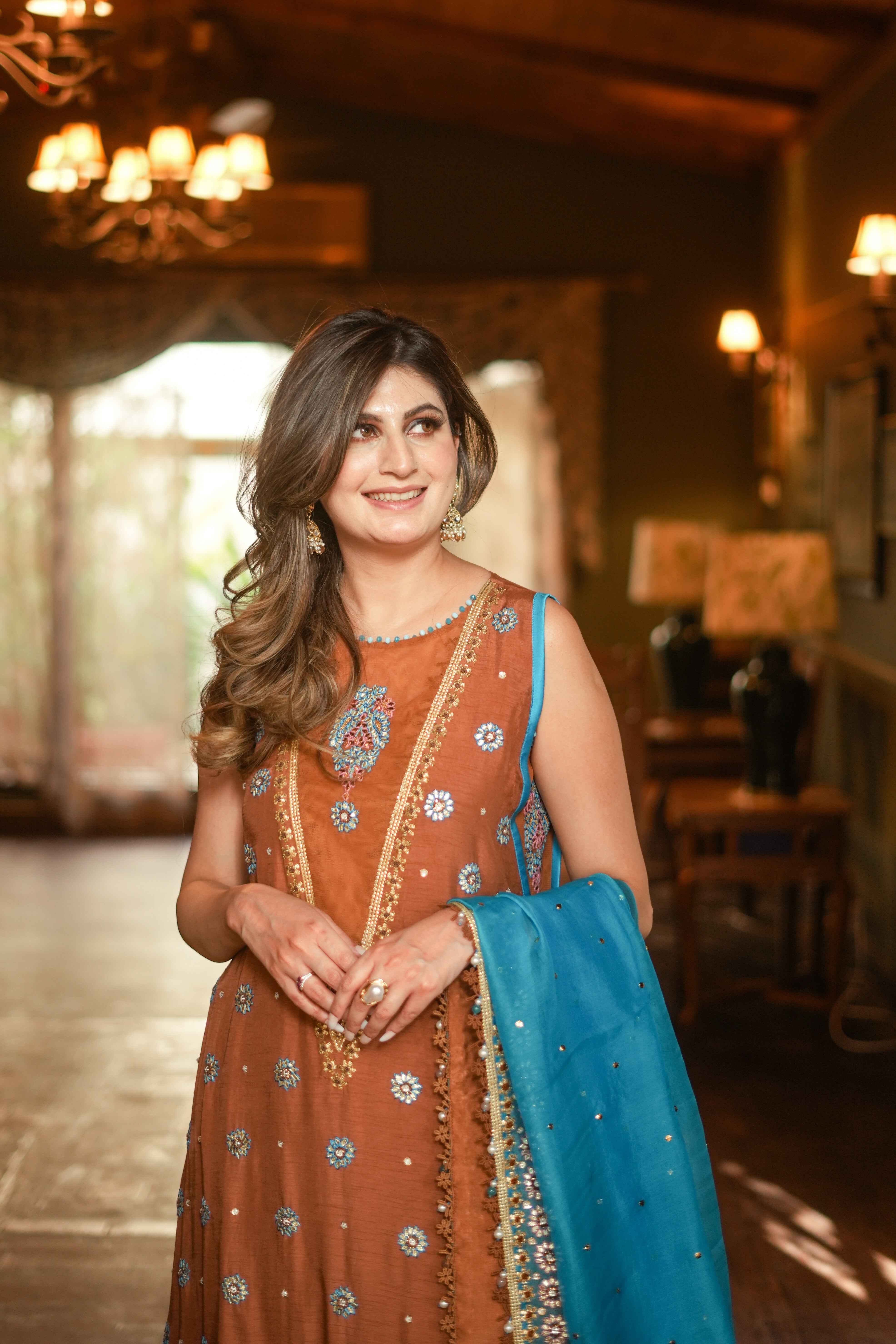 Rust Embroidered Korean Silk Kurta Set (3-Piece) - Image 13