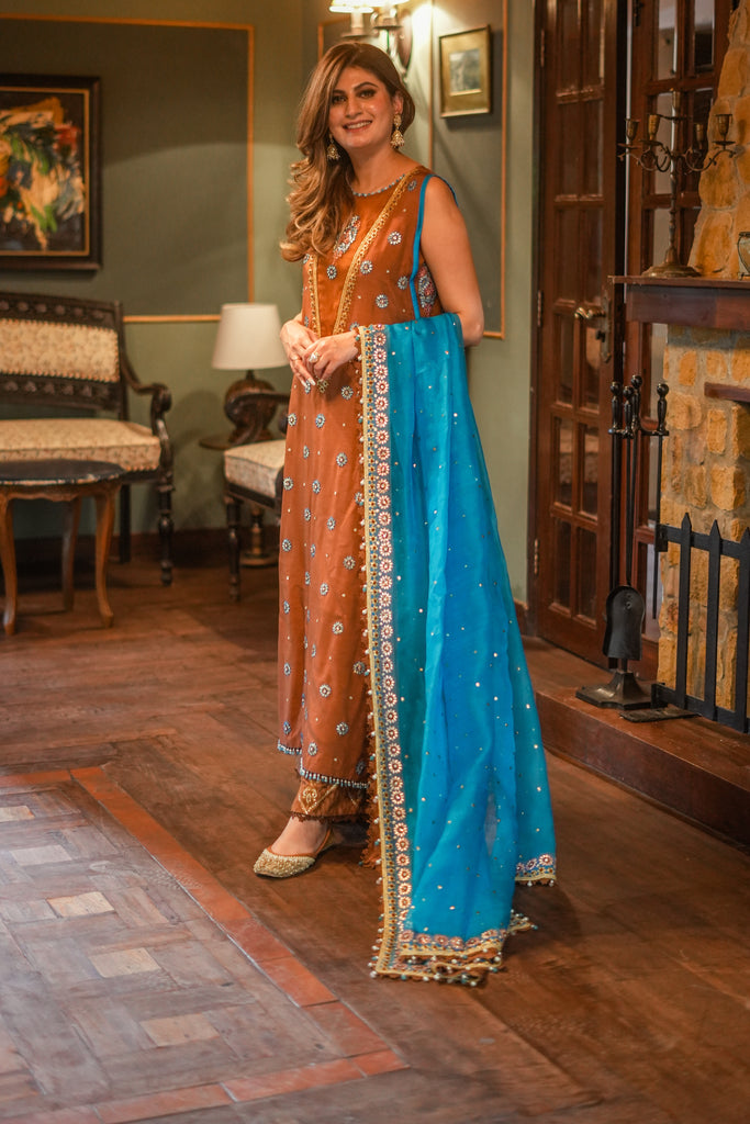 Rust Embroidered Korean Silk Kurta Set (3-Piece) - Image 2