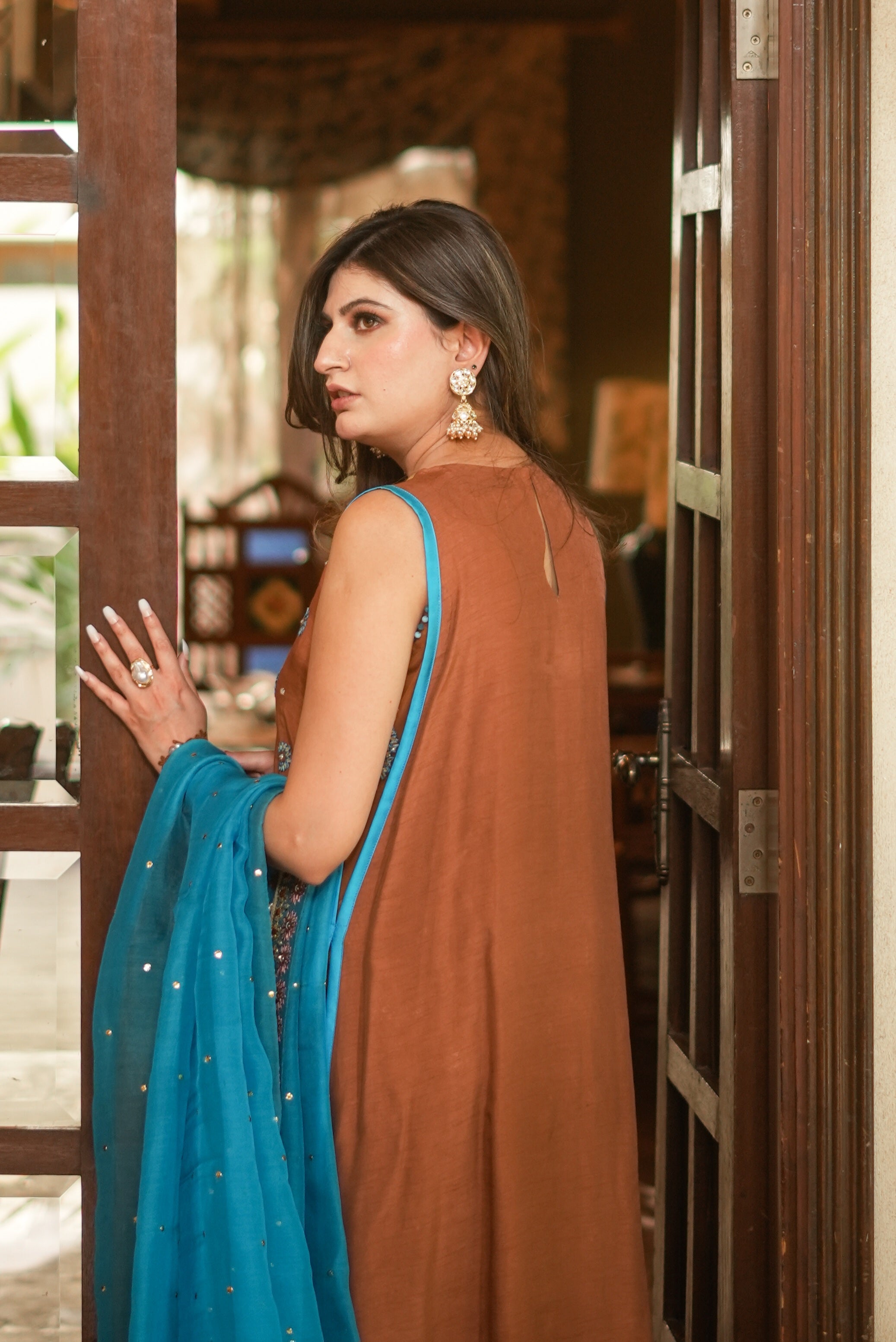 Rust Embroidered Korean Silk Kurta Set (3-Piece) - Image 3