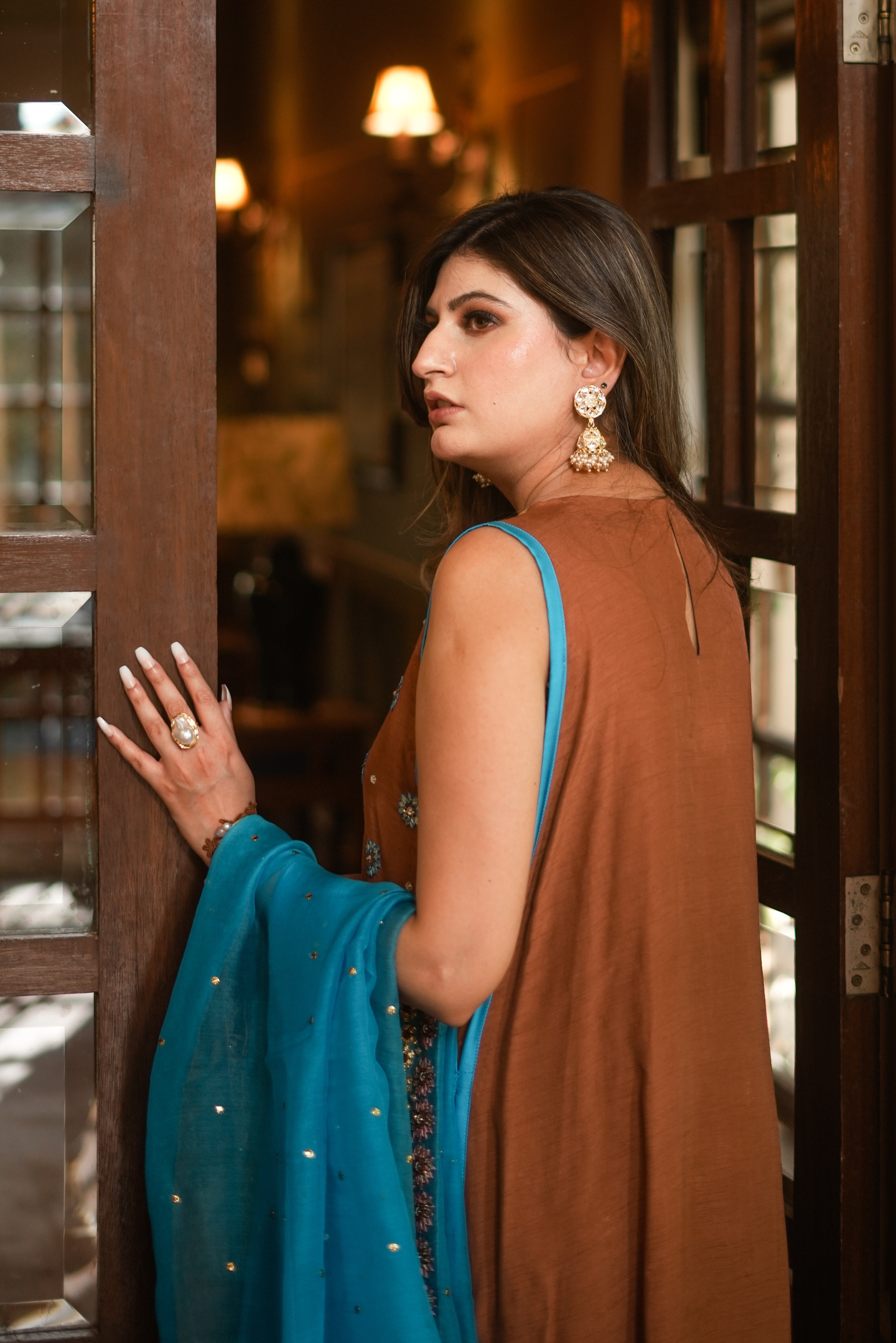 Rust Embroidered Korean Silk Kurta Set (3-Piece) - Image 4