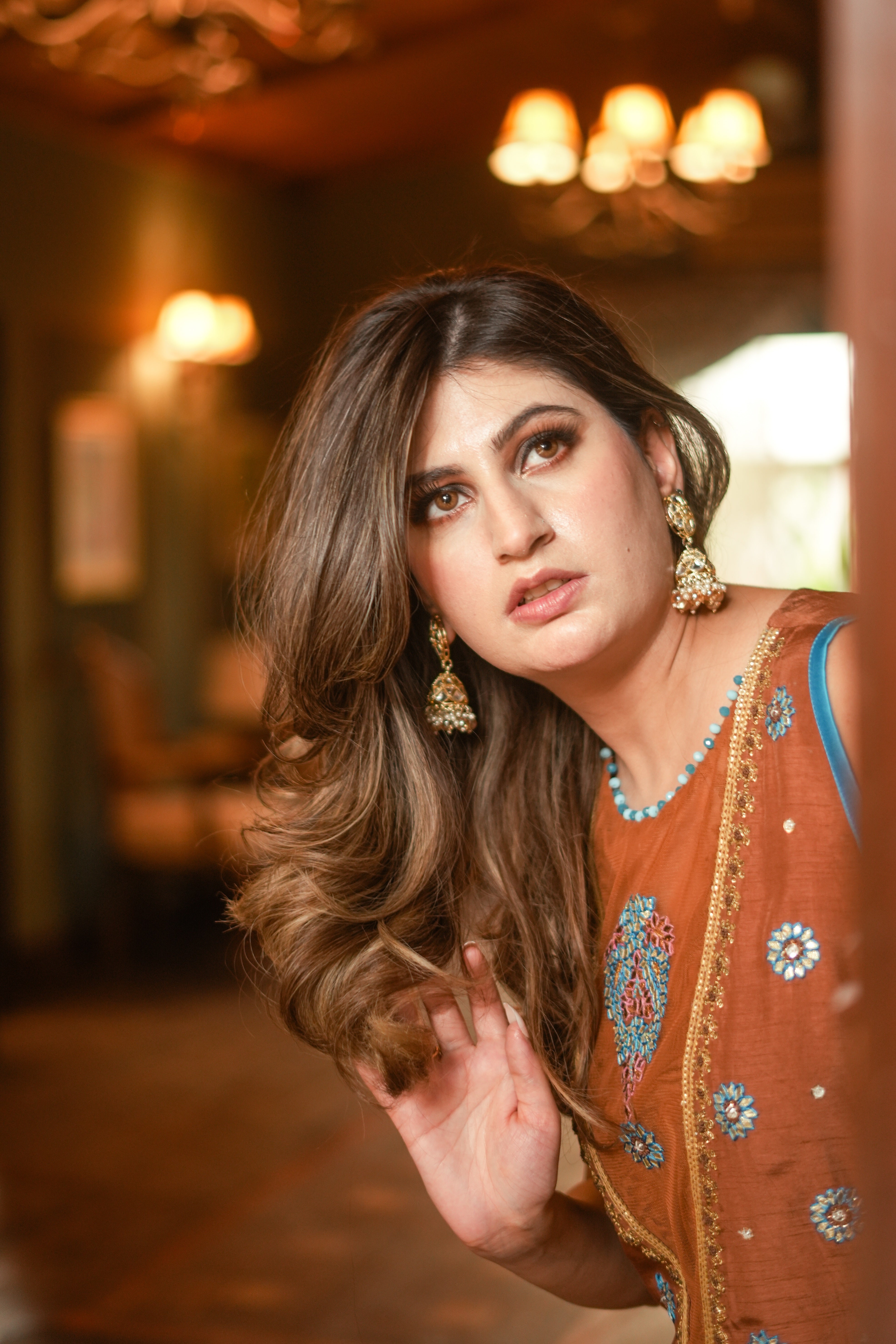 Rust Embroidered Korean Silk Kurta Set (3-Piece) - Image 5