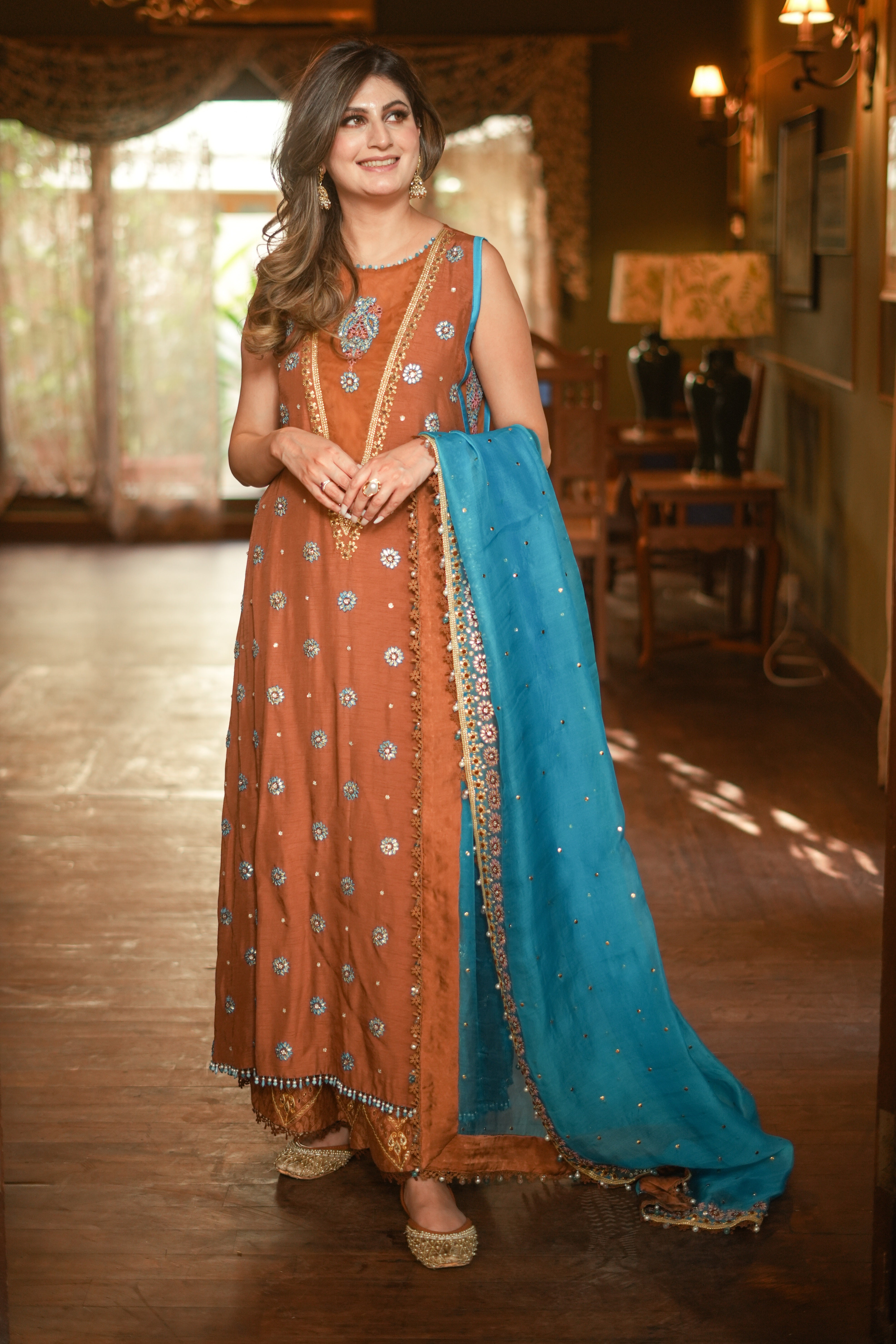 Rust Embroidered Korean Silk Kurta Set (3-Piece) - Image 7