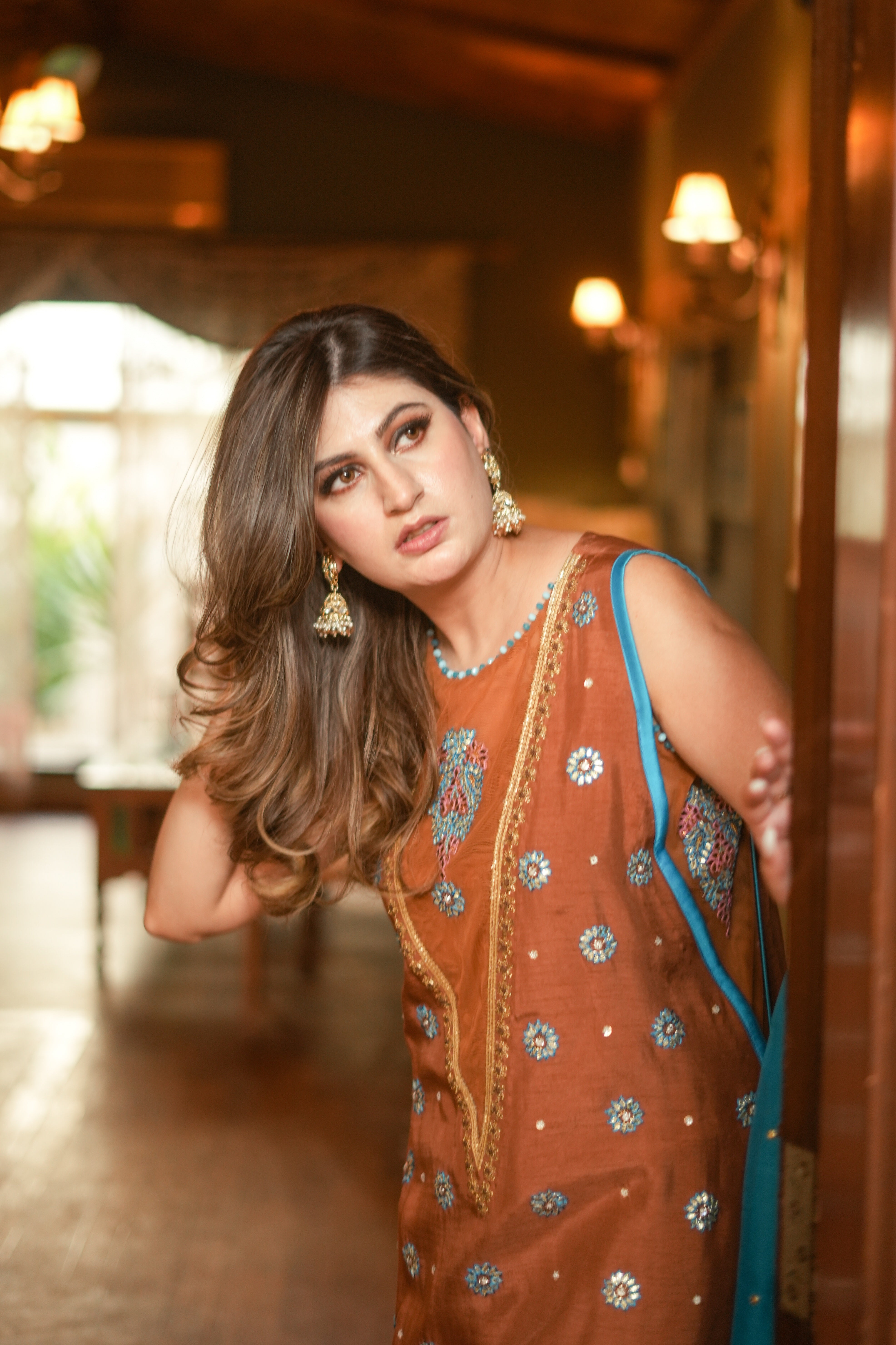 Rust Embroidered Korean Silk Kurta Set (3-Piece) - Image 8