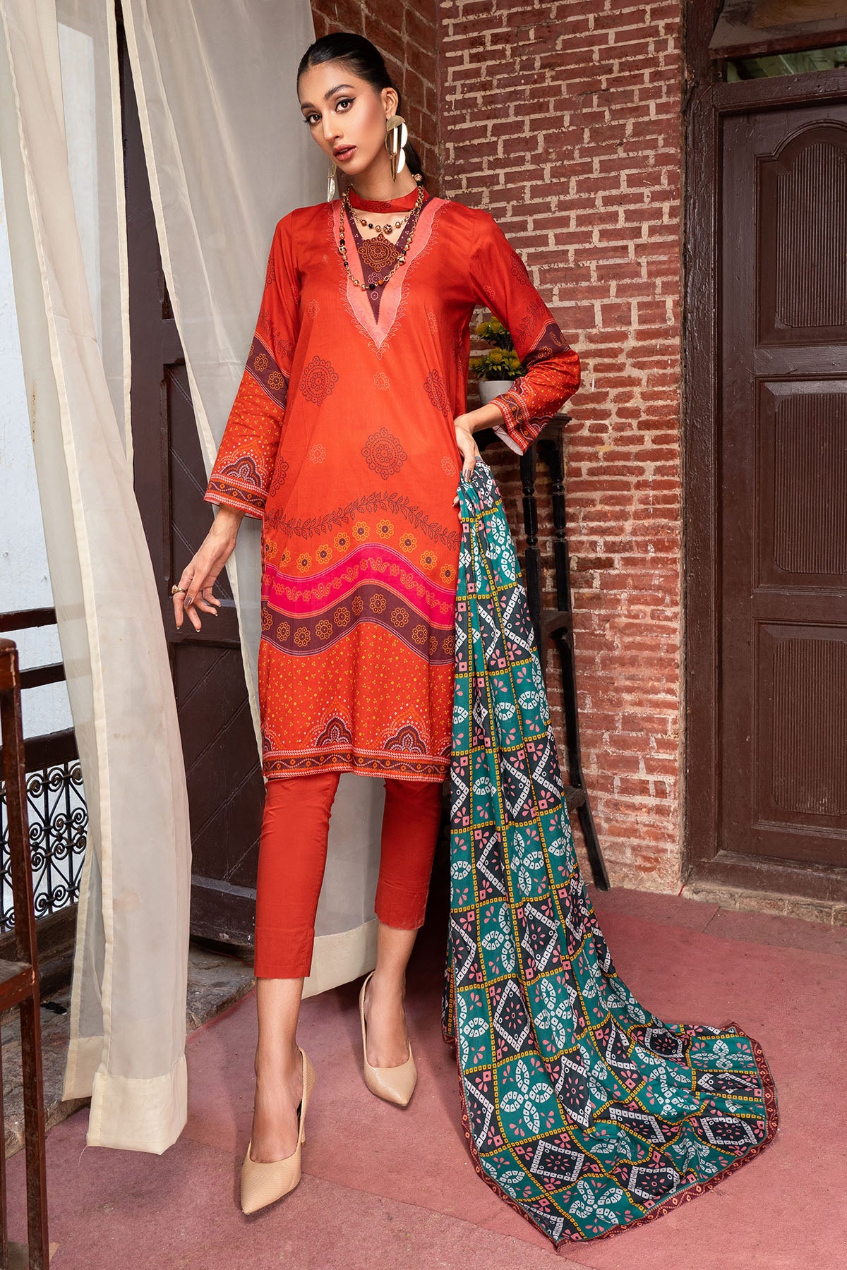 Pakistani Rust Digital Printed Lawn Salwar Kameez (3-Piece) - Image 1
