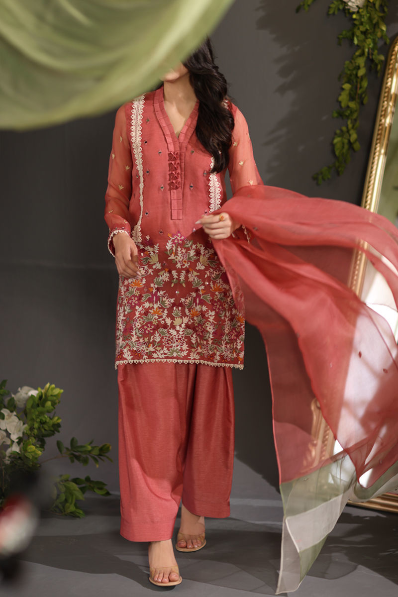 Pakistani Rust Ari Embroidered Organza & Raw Silk Shalwar Kameez (3-Piece) - Image 1