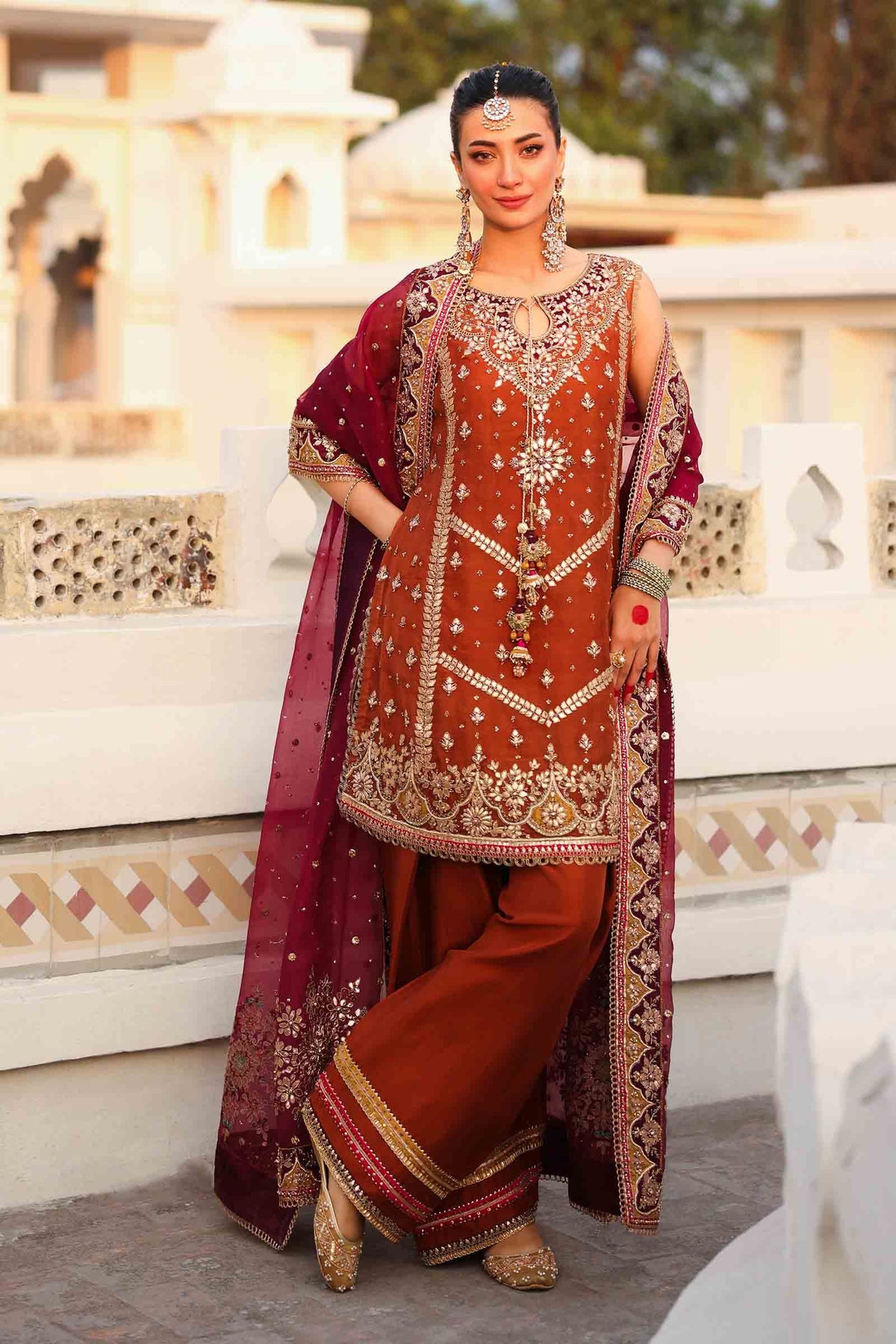 Pakistani Rust Embellished Organza & Silk Shalwar Kameez (3-Piece) - Image 1