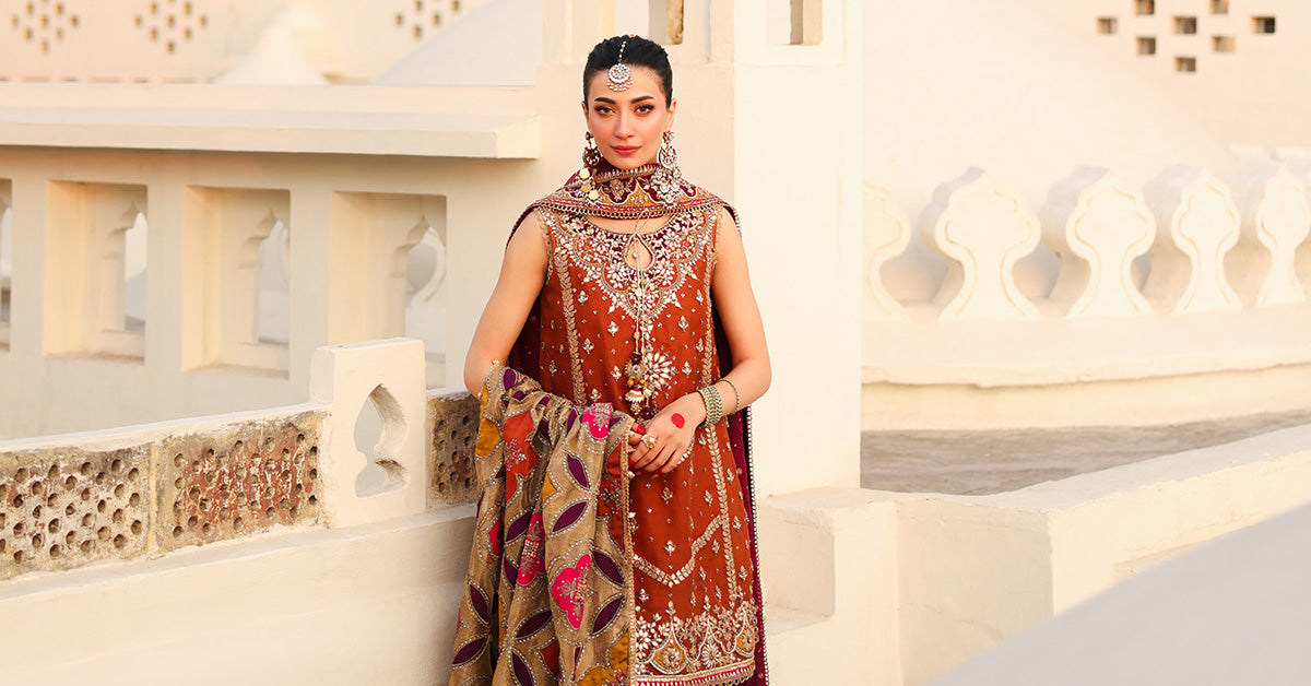 Pakistani Rust Embellished Organza & Silk Shalwar Kameez (3-Piece) - Image 10