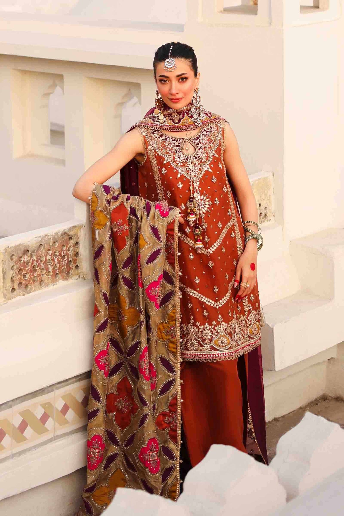 Pakistani Rust Embellished Organza & Silk Shalwar Kameez (3-Piece) - Image 7