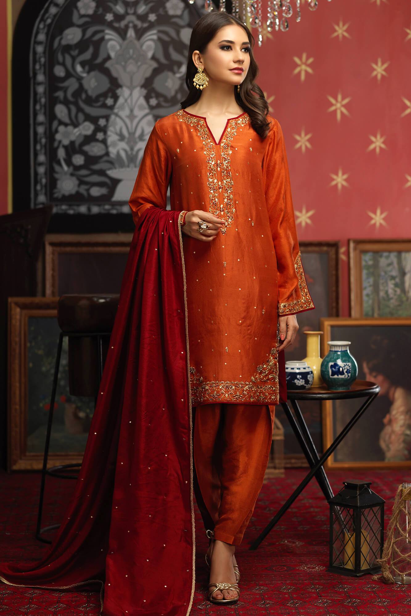 Rust Embroidered PK Raw Silk Salwar Kameez (3-Piece) - Image 2