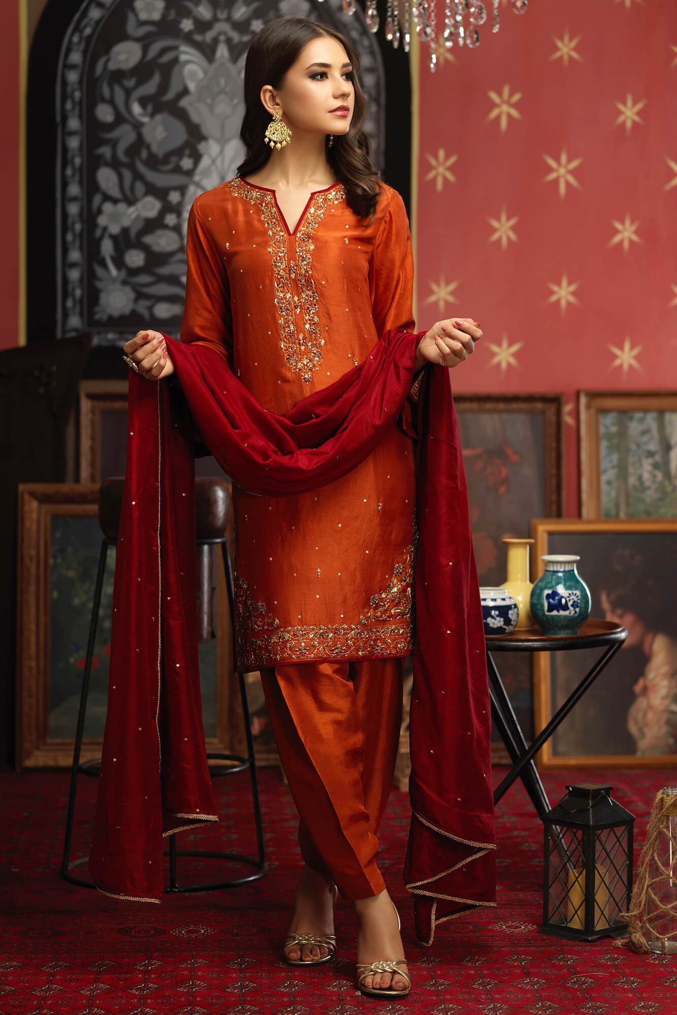 Rust Embroidered PK Raw Silk Salwar Kameez (3-Piece) - Image 5